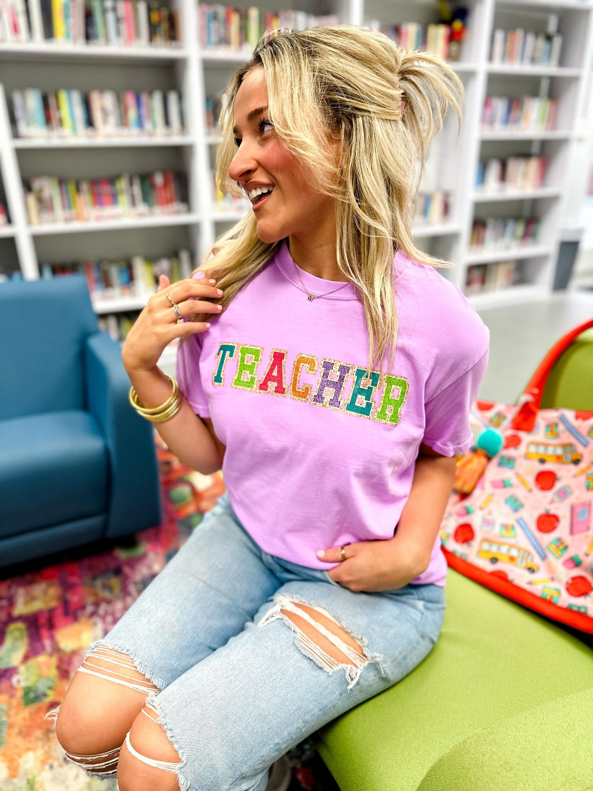 Women's Teach Graphic Tee – Purple, Large, Letter Print Teacher Shirt, Soft Breathable Fabric