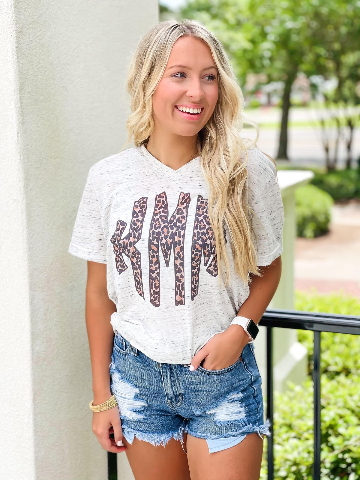 heathered gray top with scalloped leopard initials