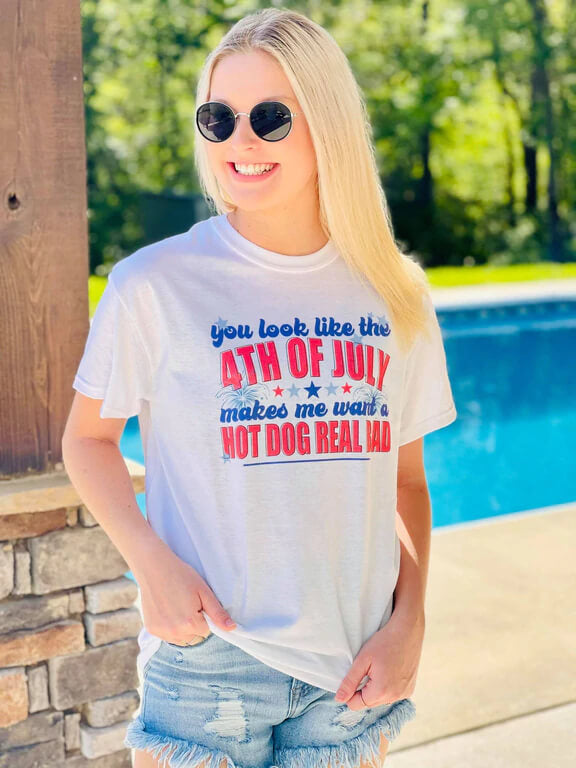 model wearing a fourth of july graphic t-shirt