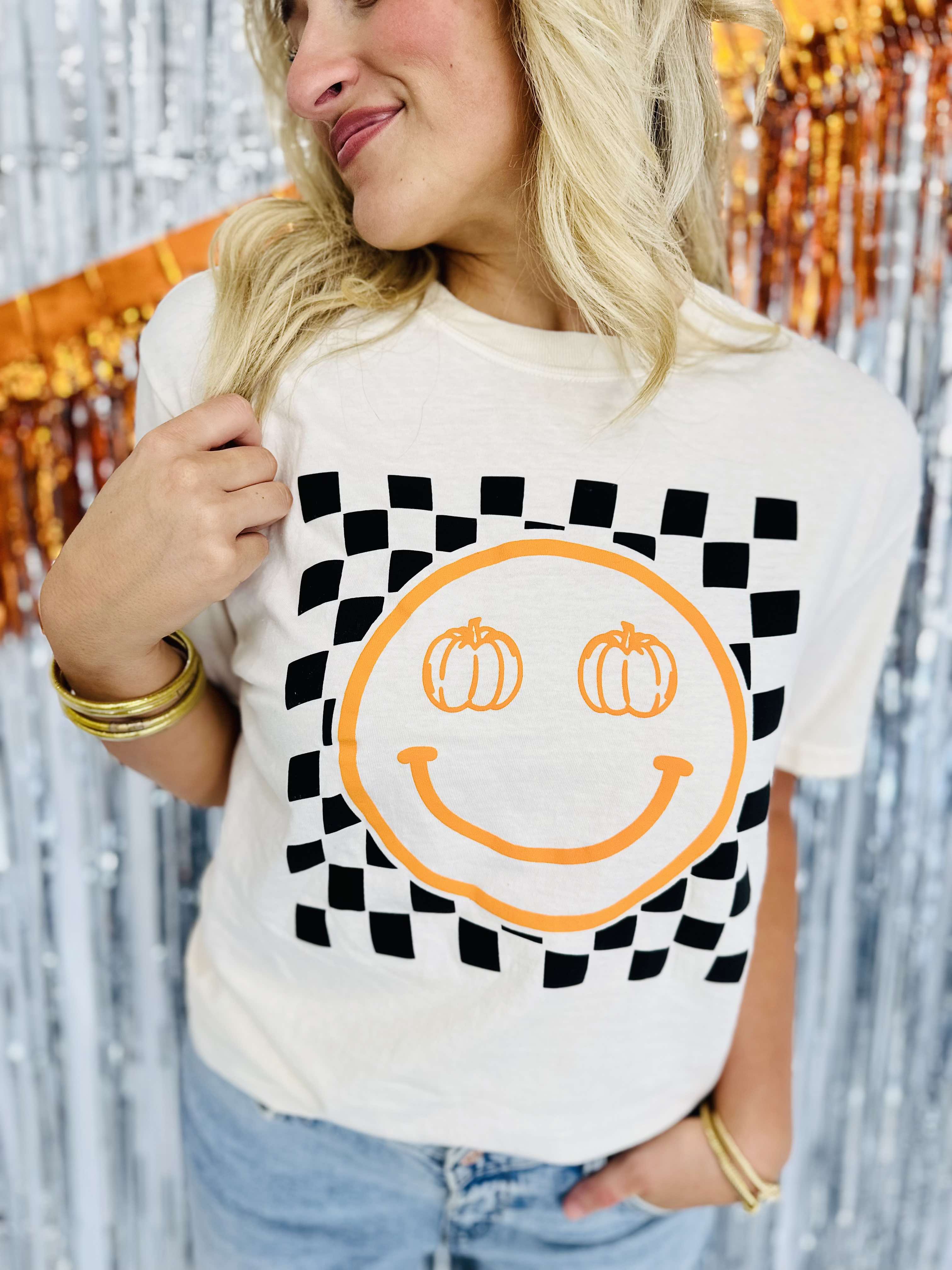 Checkered Pumpkin Happy Face Ivory Graphic Tee