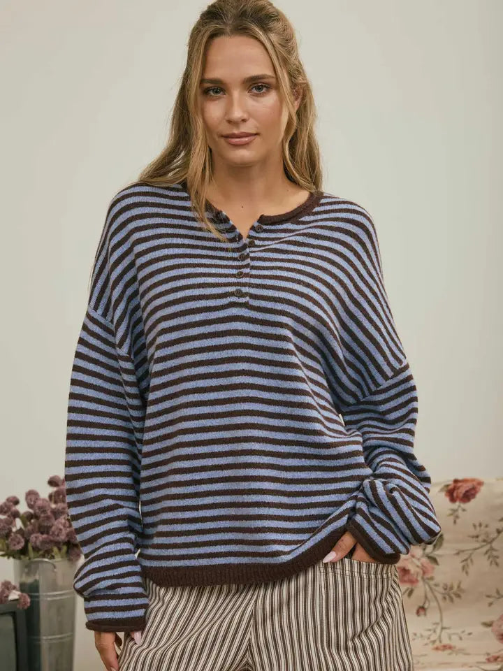 Henley Stripe Drop Shoulder Sweater