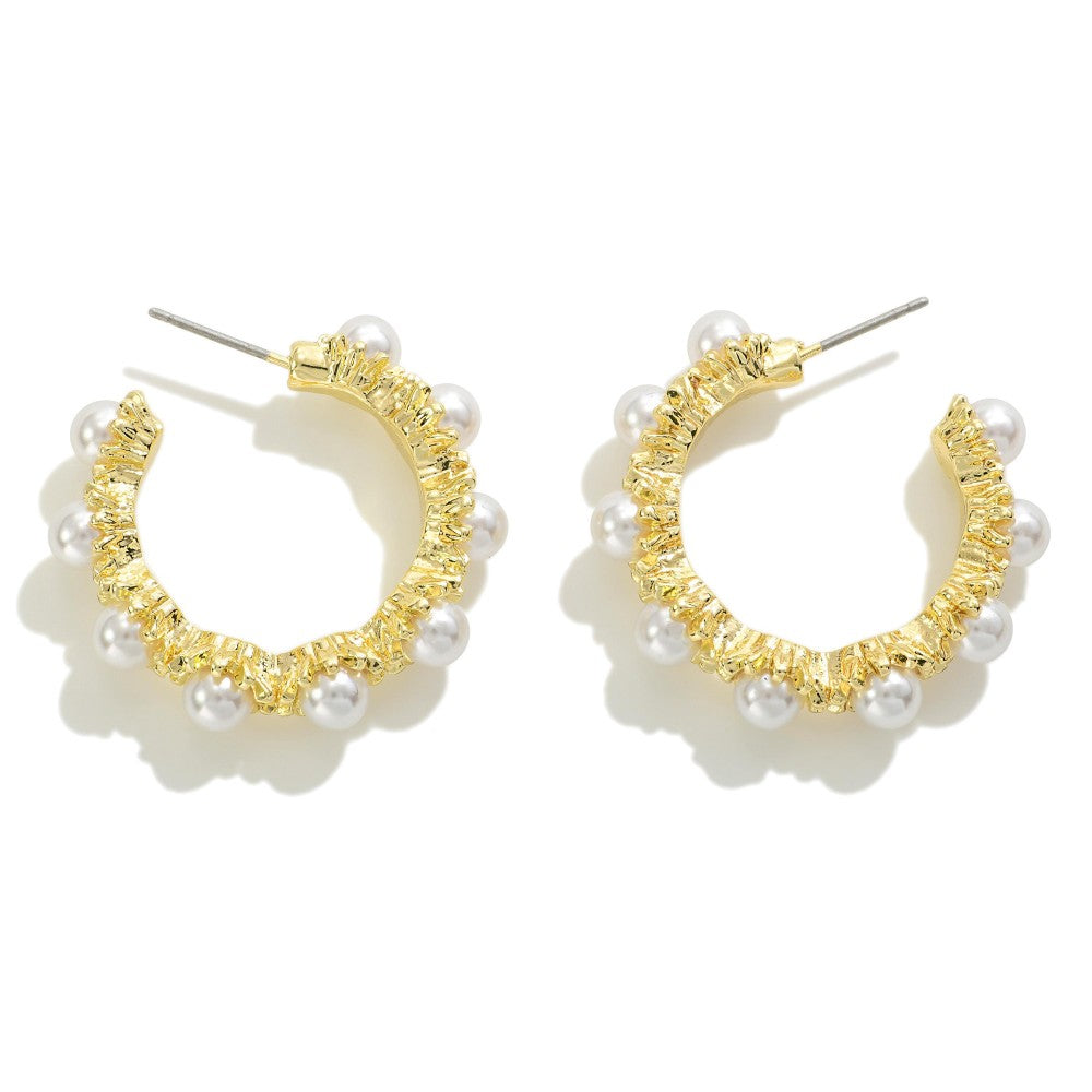 Pearl Studded Drop Hoop Earrings