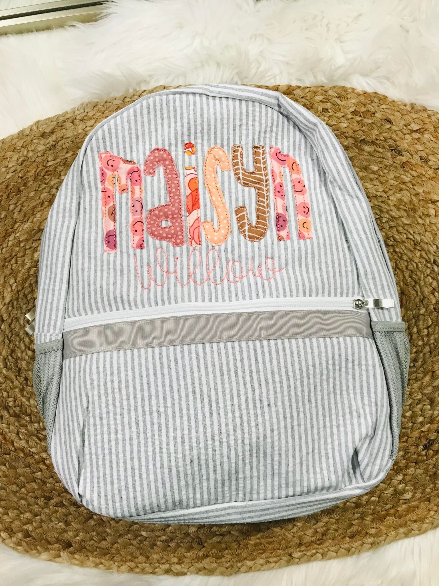 Personalized Applique Grey Seersucker Bag