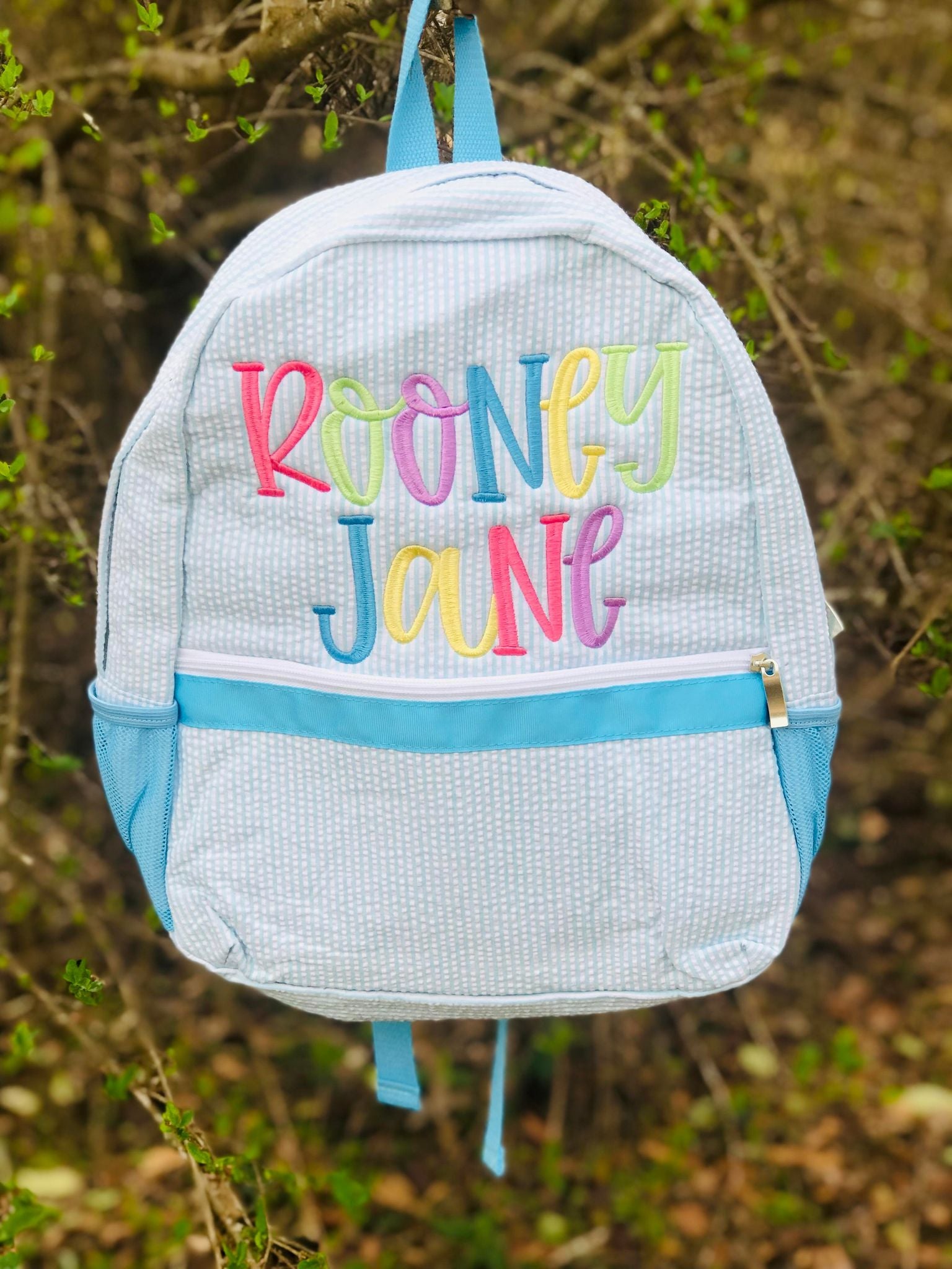 Personalized Thread Aqua Seersucker Bag