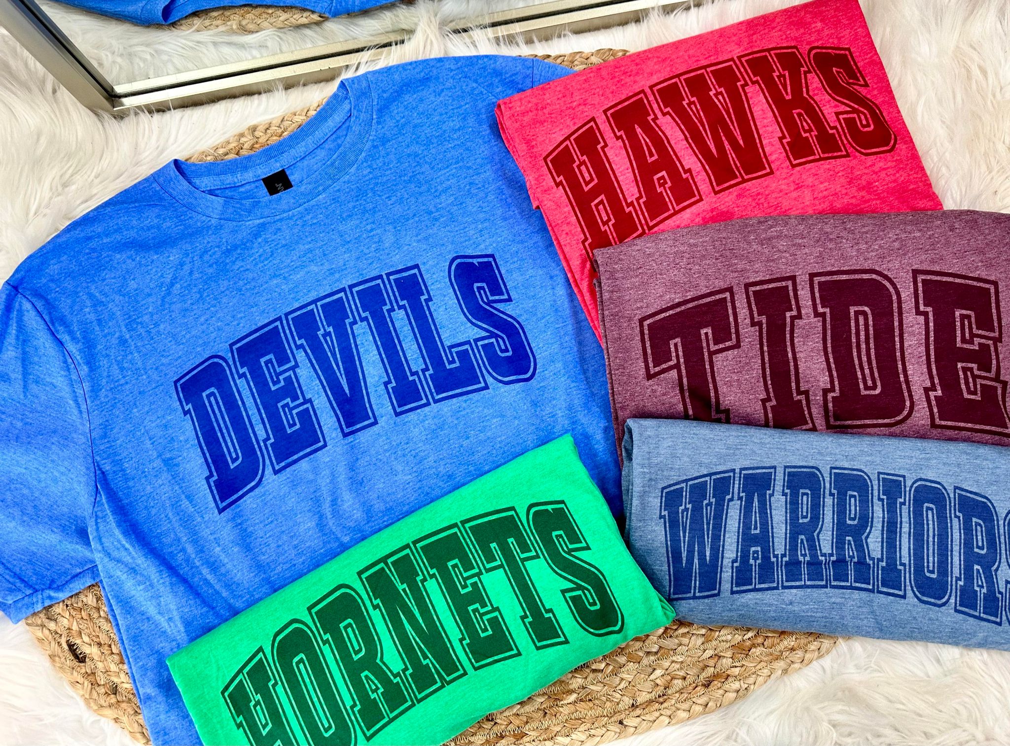 Heathered Varsity Arched School Graphic Tees