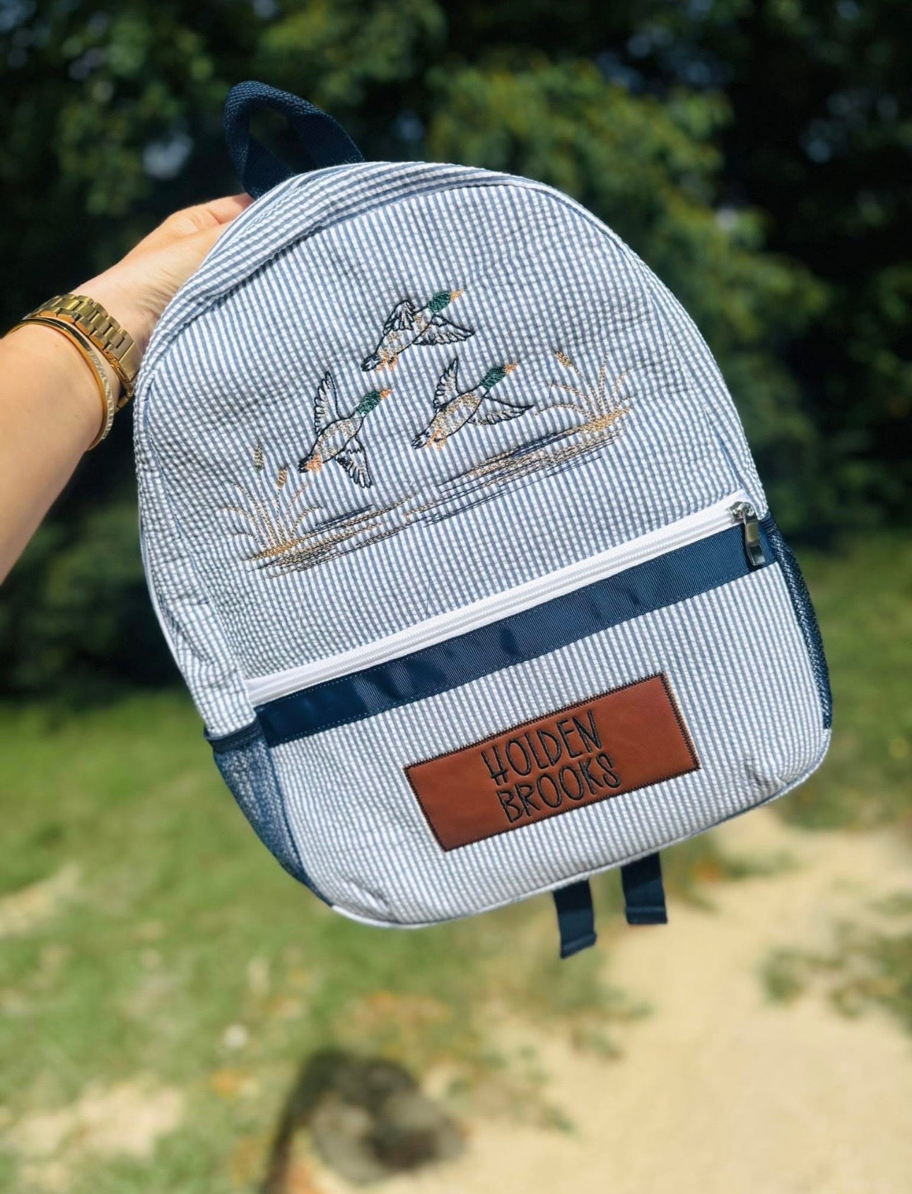 Mallard Embroidery Navy Seersucker Backpack with Leather patch name