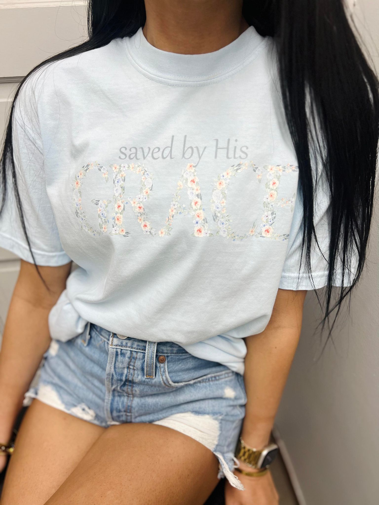 Saved By His Grace Chambray Graphic Tee