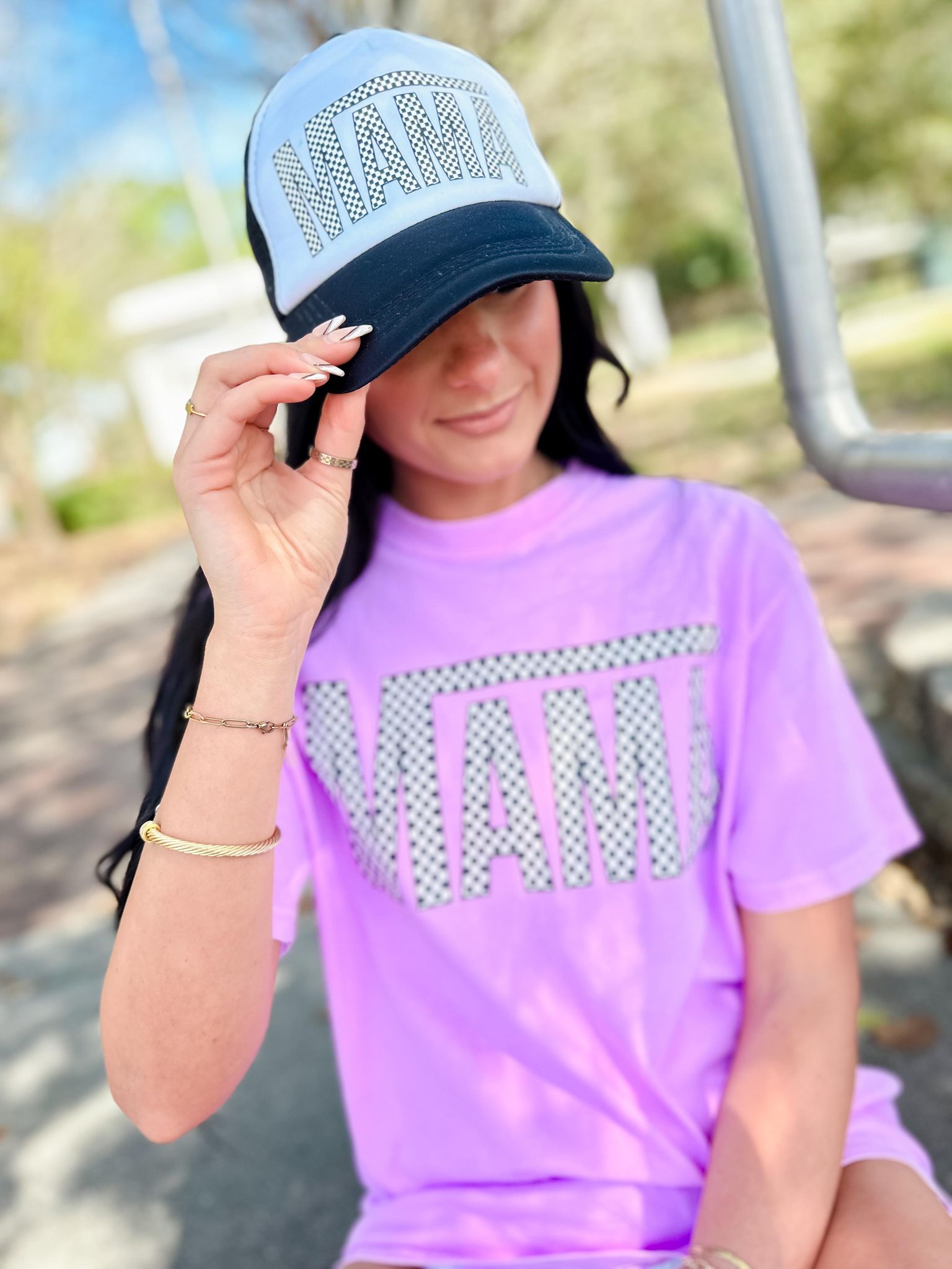 MAMA Mini Checkered Neon Violet Graphic Tee