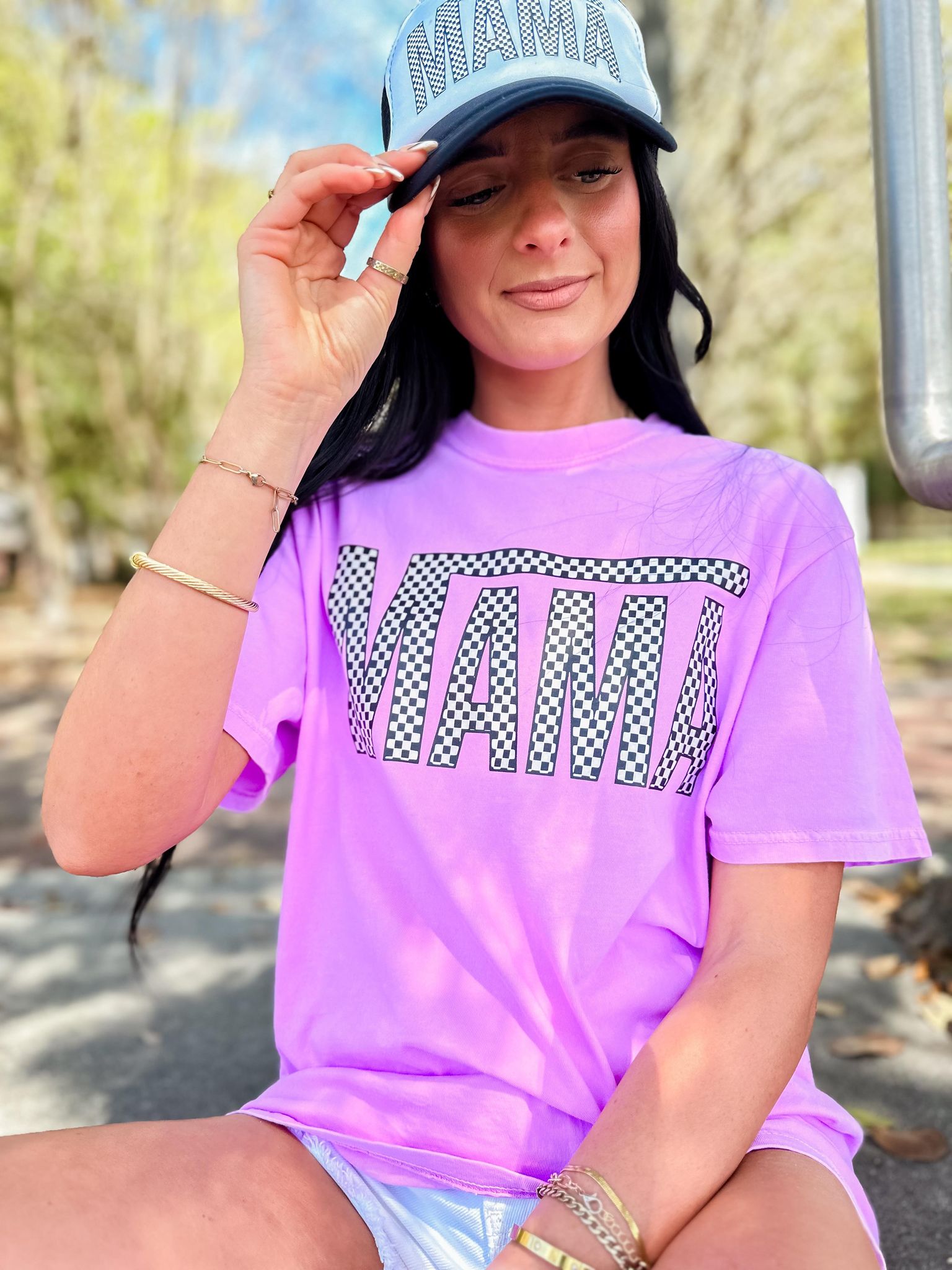 MAMA Mini Checkered Neon Violet Graphic Tee