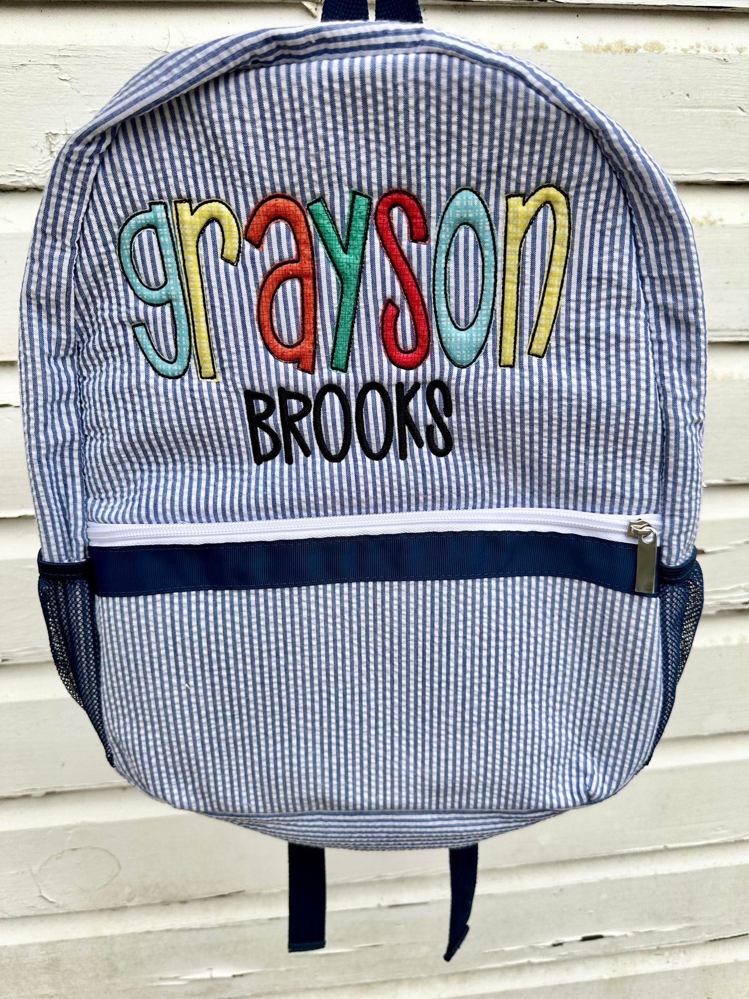 Personalized Applique Navy Seersucker Bag