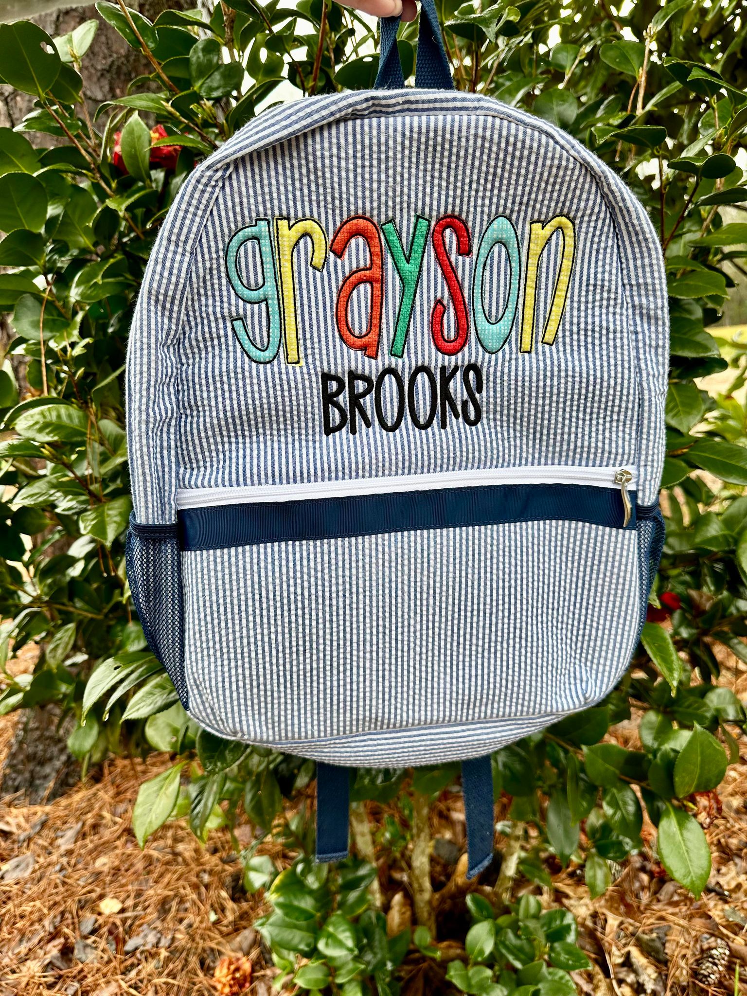 Personalized Applique Navy Seersucker Bag