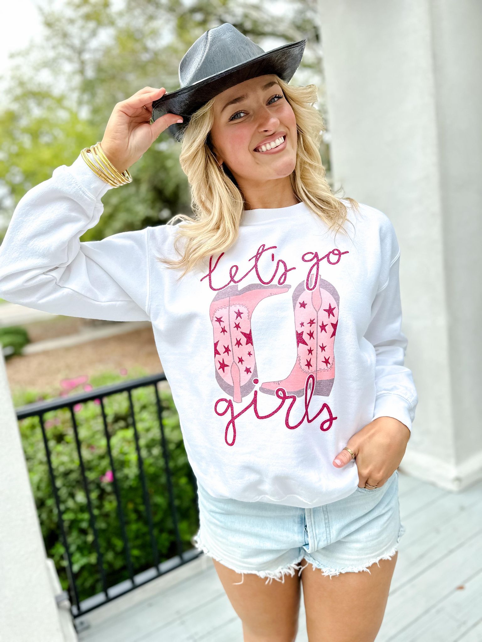 Let's Go Girls Star Boots White Sweatshirt