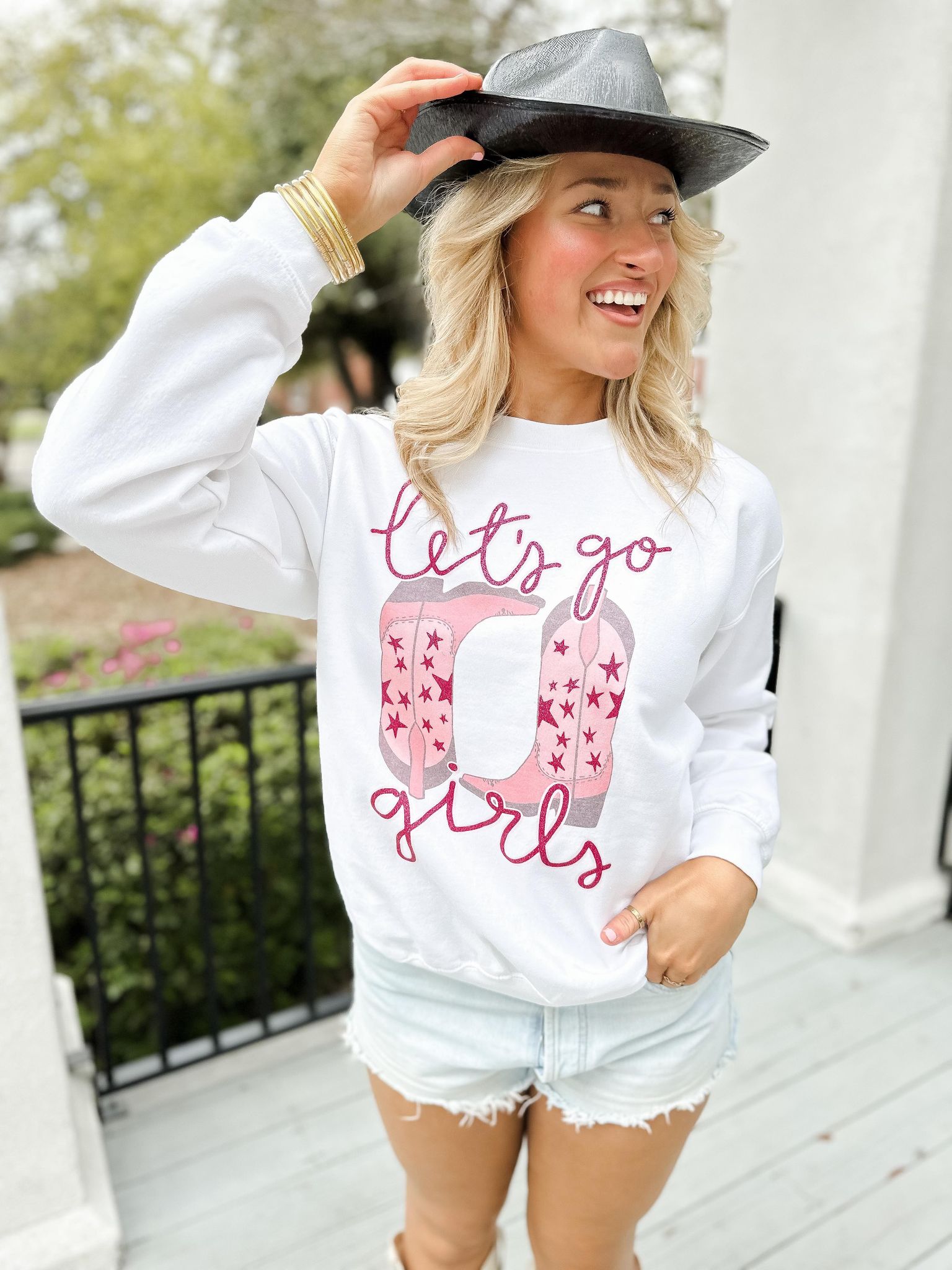 Let's Go Girls Star Boots White Sweatshirt