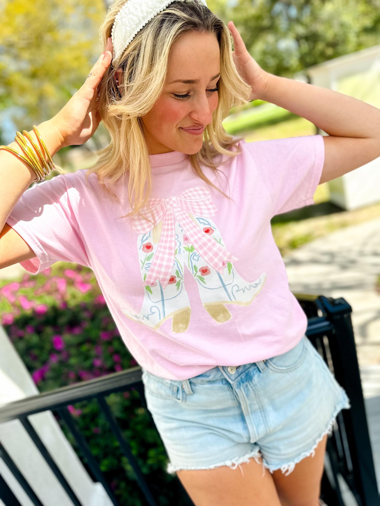 Gingham Ribbon Boots Pink Graphic Tee