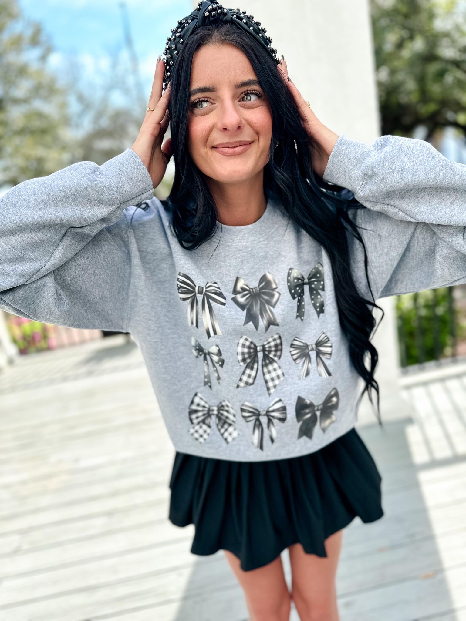 Black And White Bow Stack Grey Sweatshirt