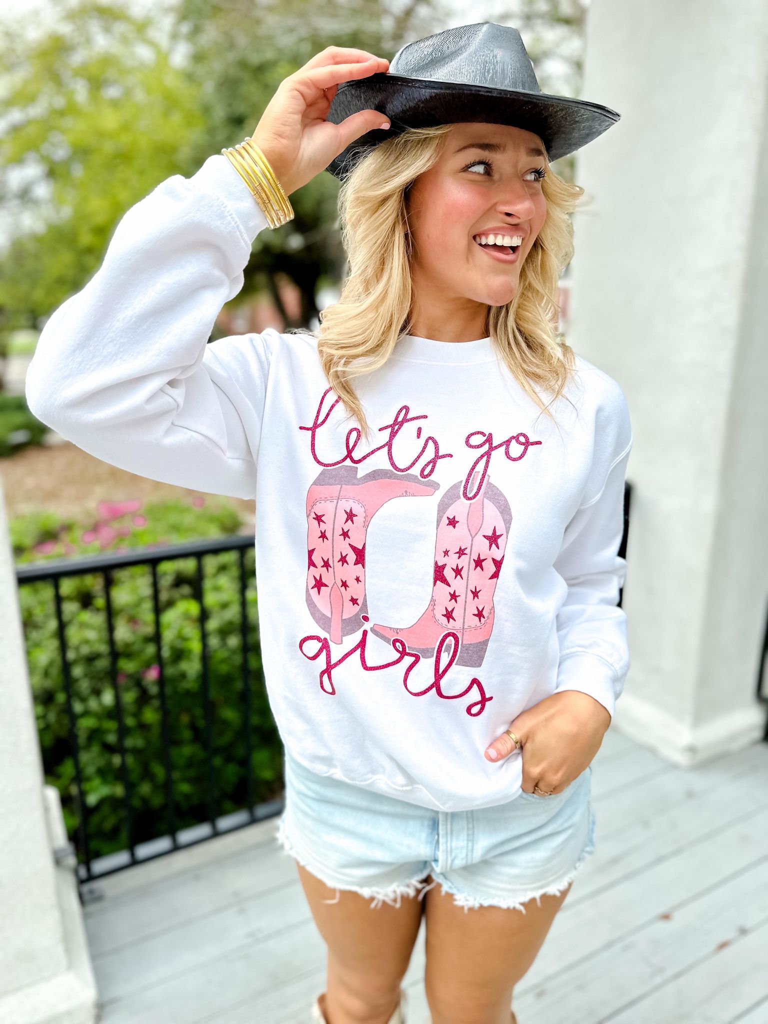 Let's Go Girls Star Boots White Sweatshirt