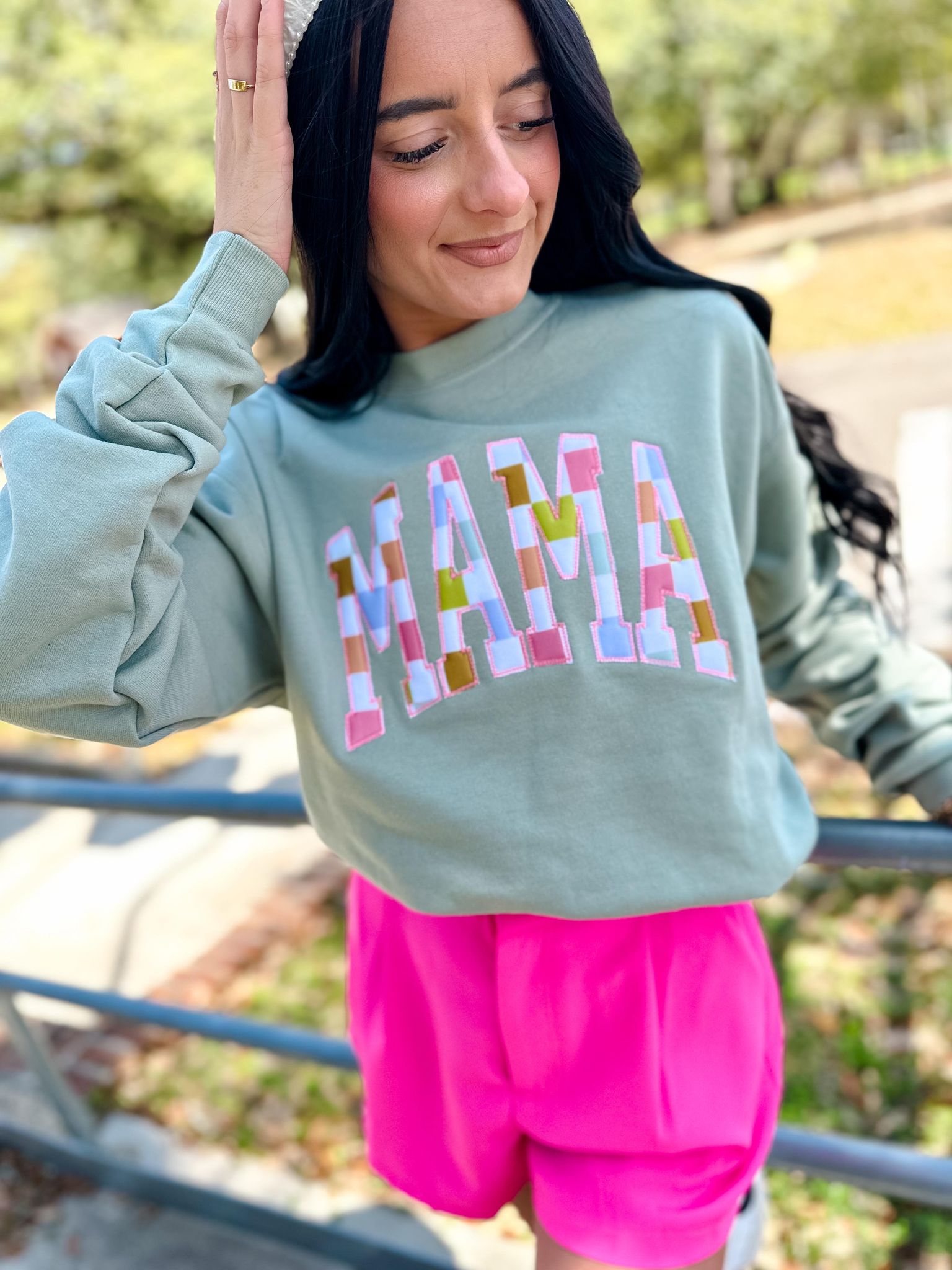 MAMA Pastel Checkered Sage Sweatshirt