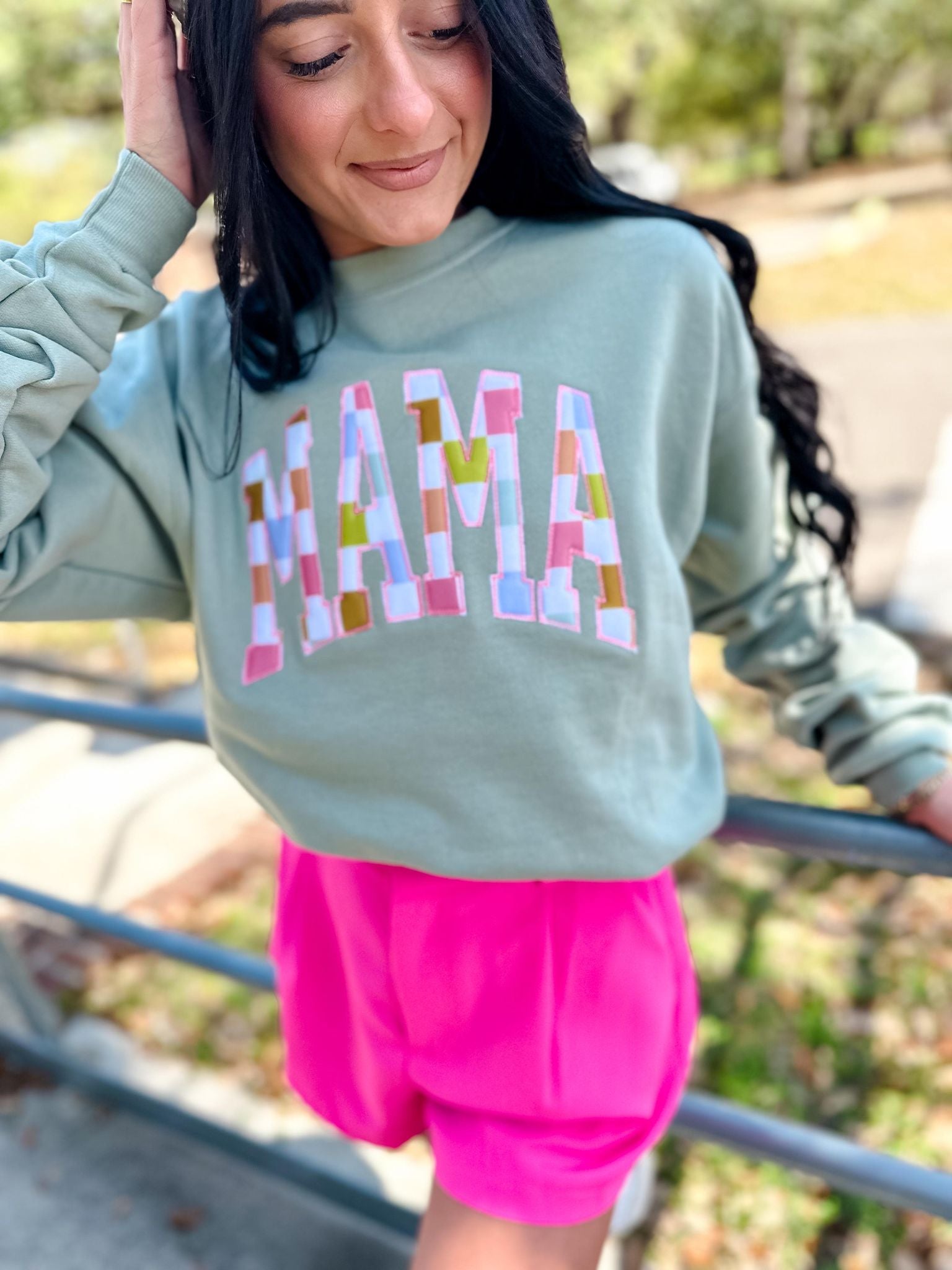 MAMA Pastel Checkered Sage Sweatshirt