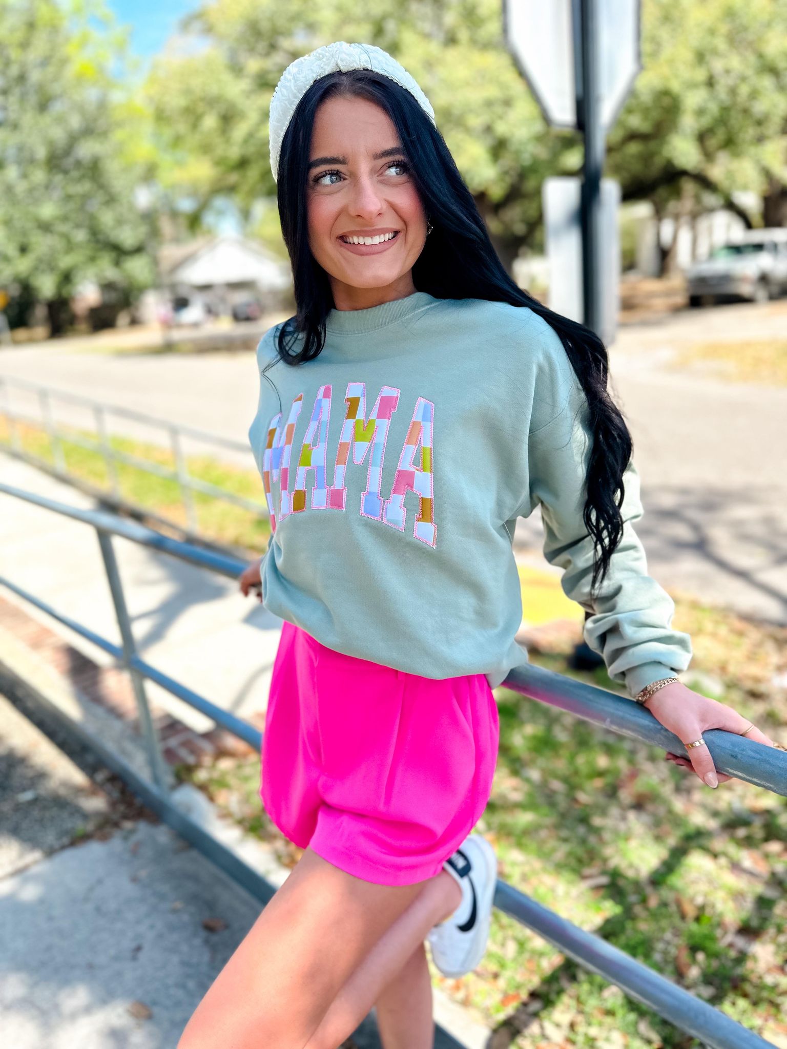 MAMA Pastel Checkered Sage Sweatshirt