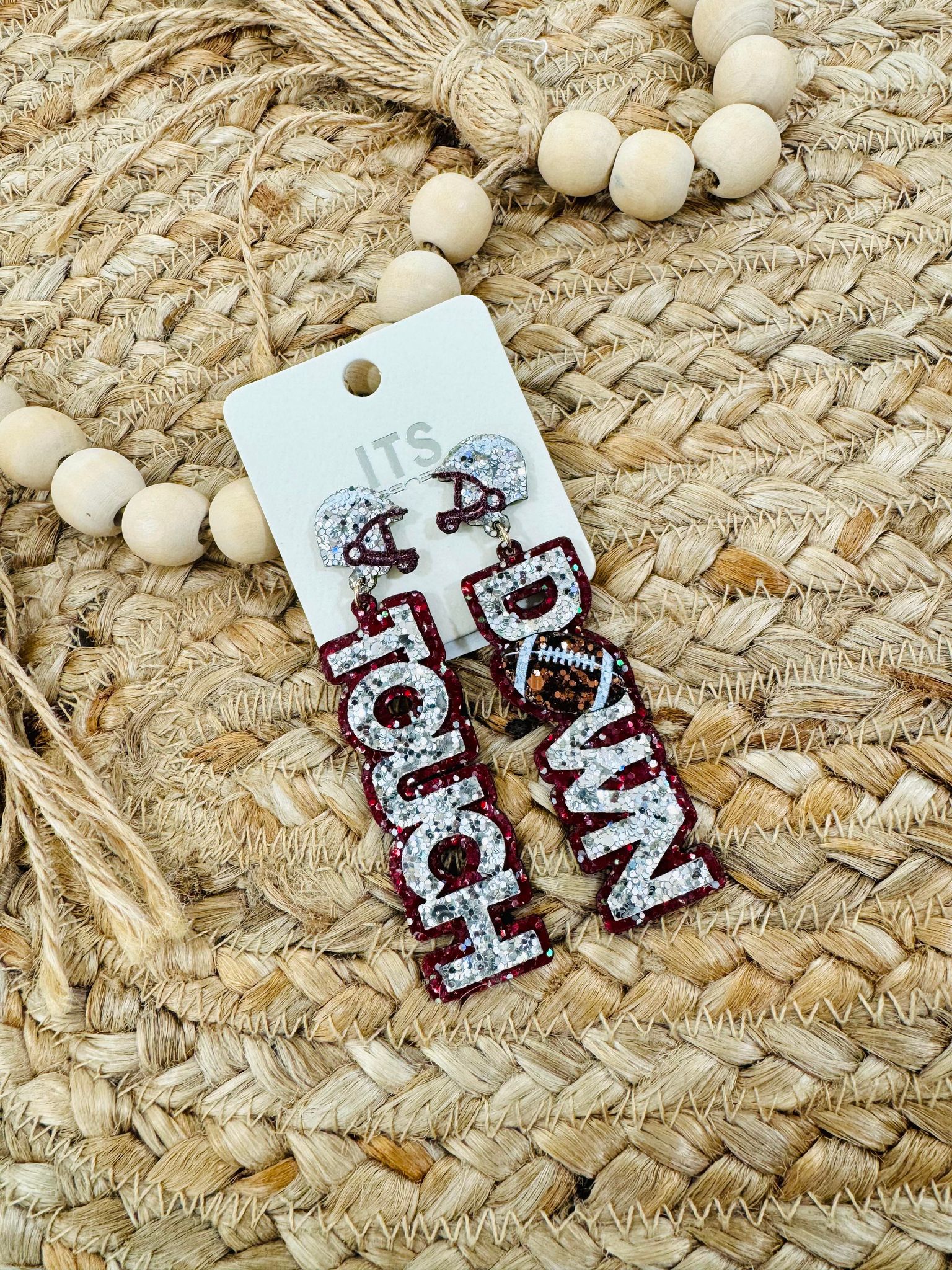 Maroon and White Glitter Touchdown 2" Gameday Earring