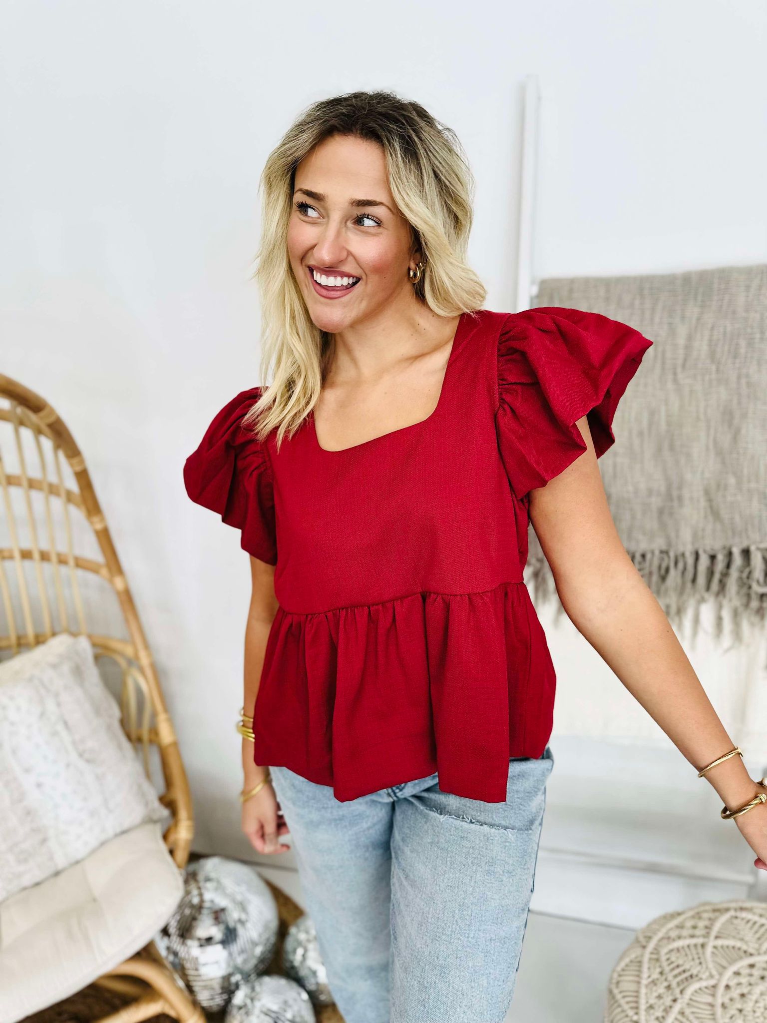 Red Hot Square Neck Blouse