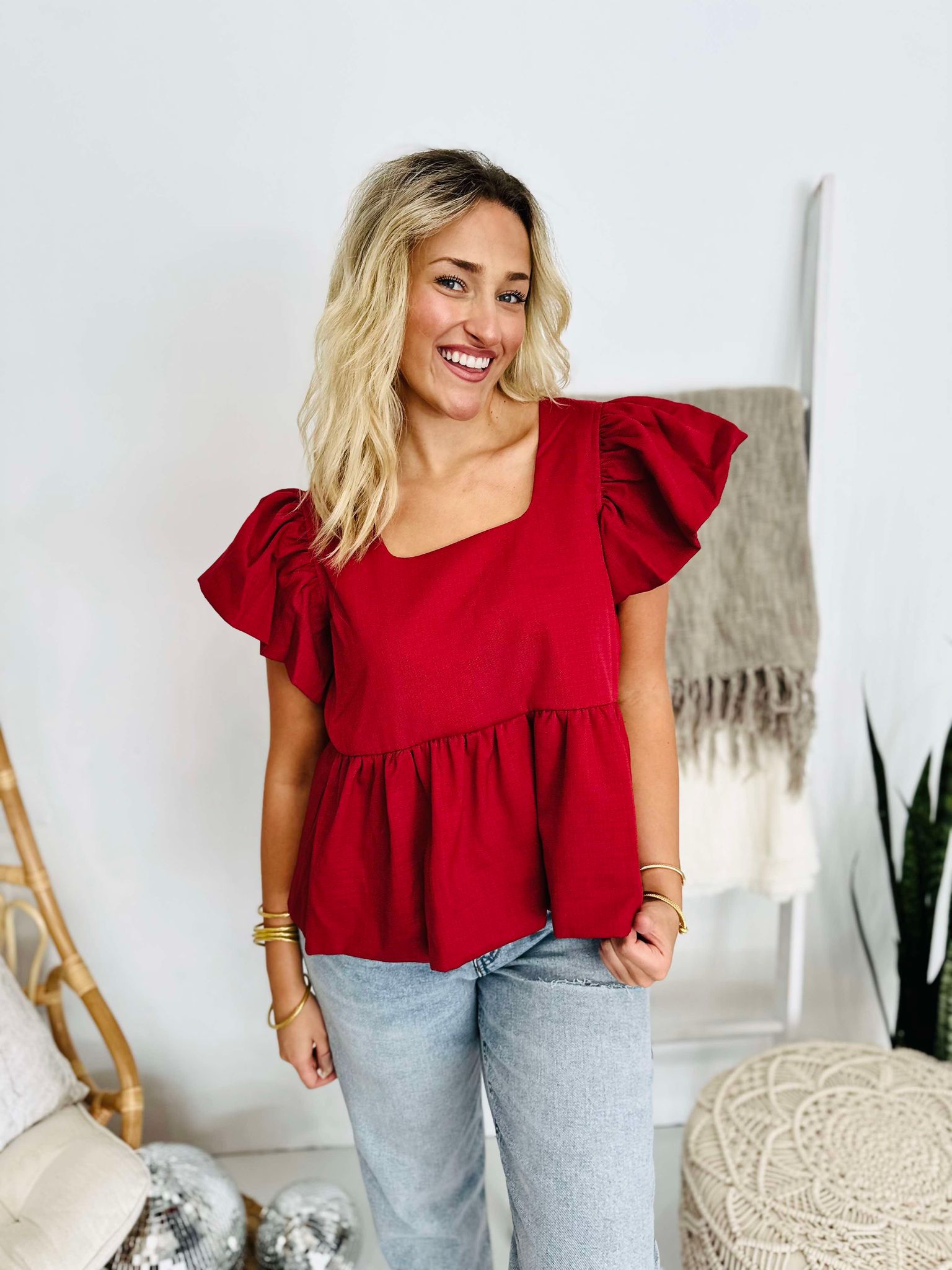 Red Hot Square Neck Blouse