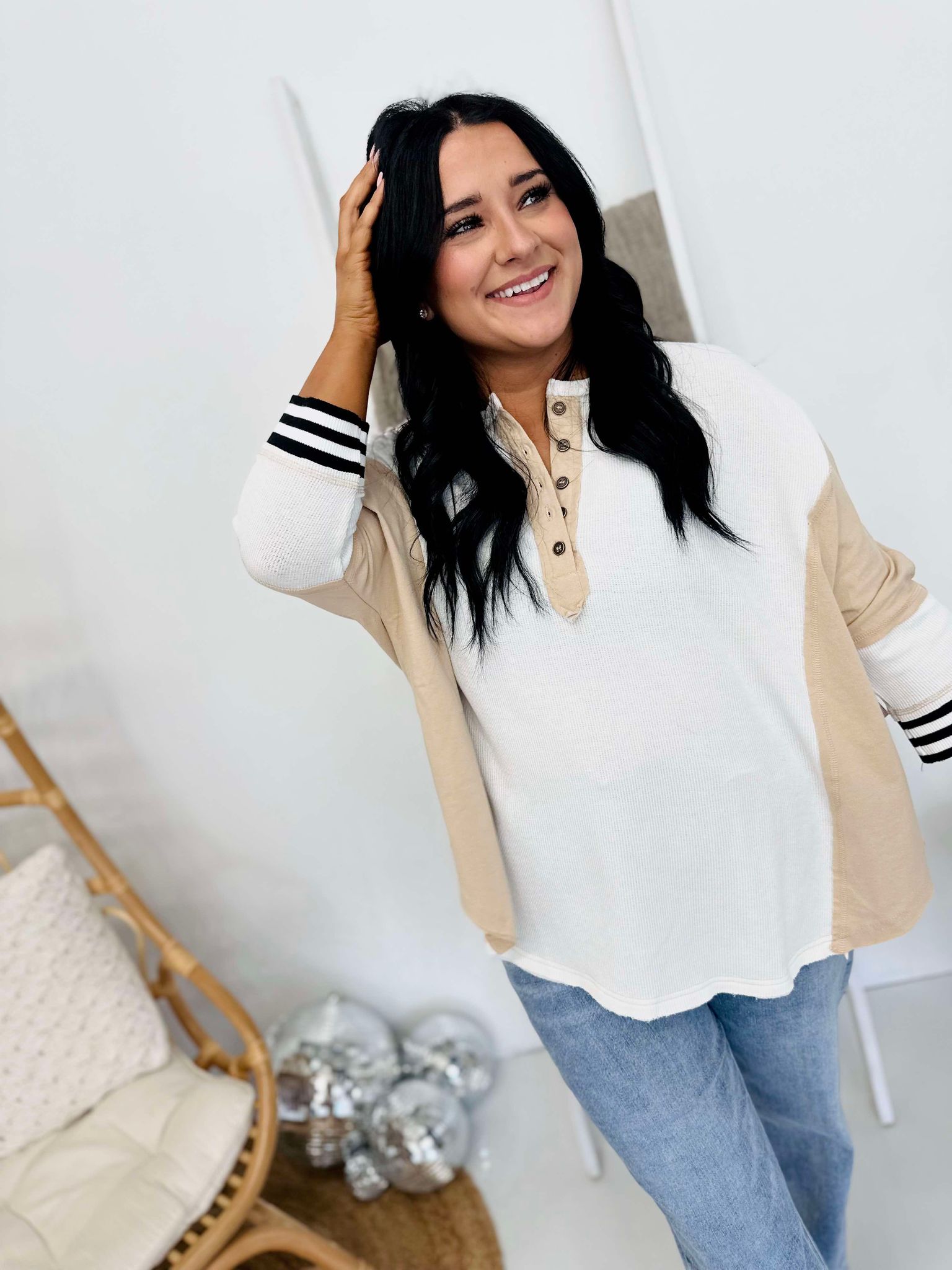 Henley Knit Color Block Varsity Stripe Button Top