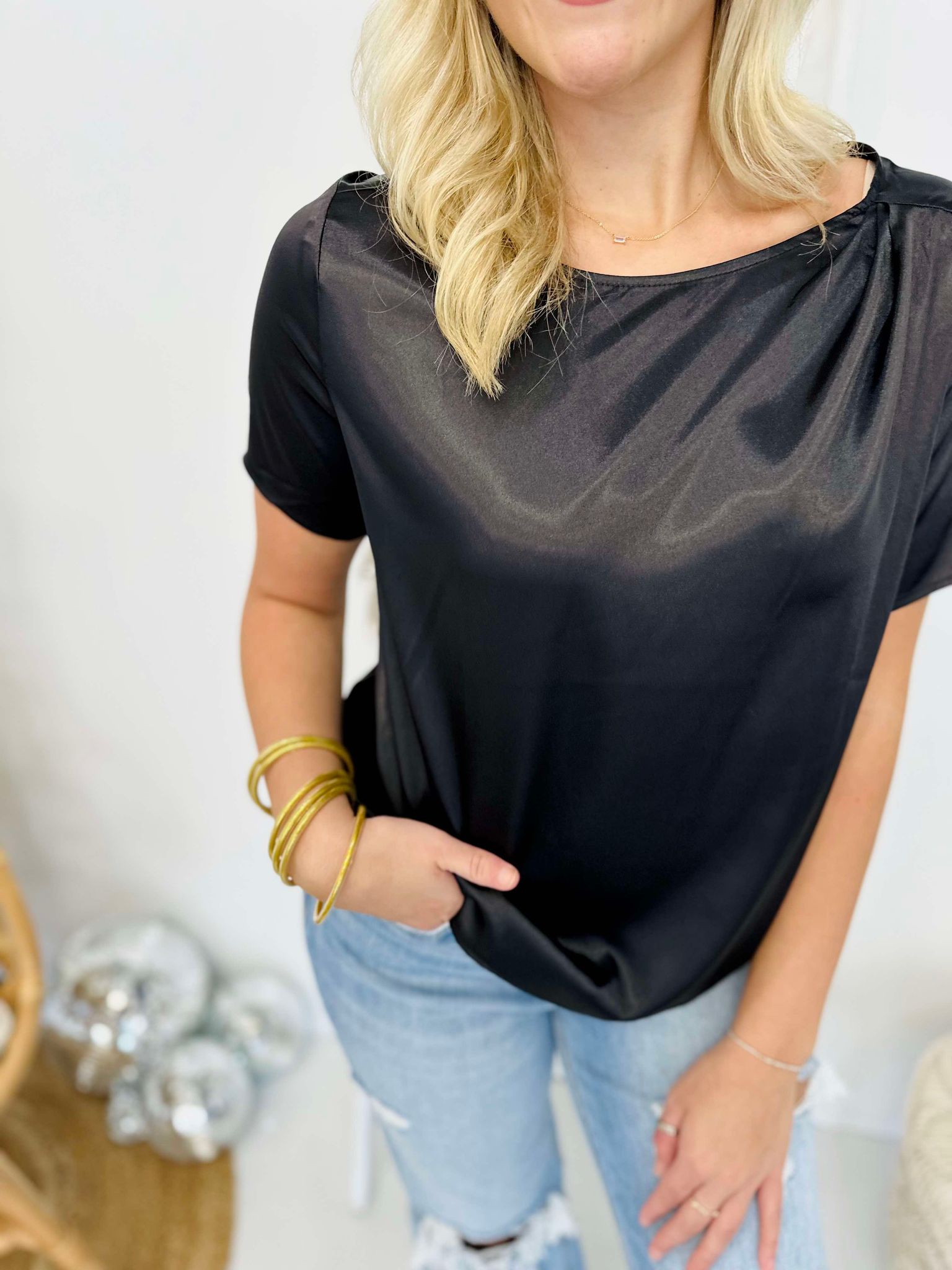 Catching Feelings Black Satin Blouse