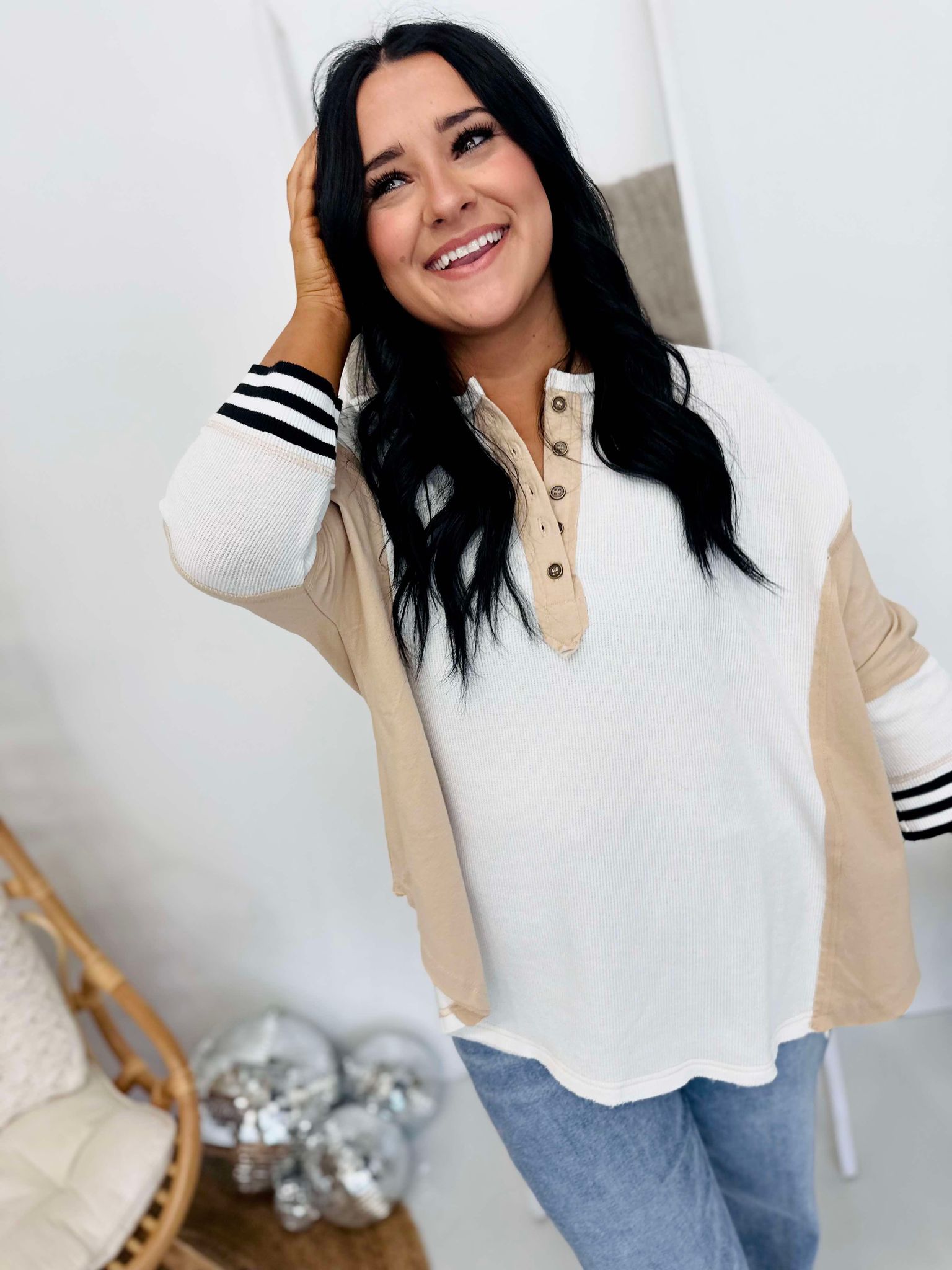 Henley Knit Color Block Varsity Stripe Button Top