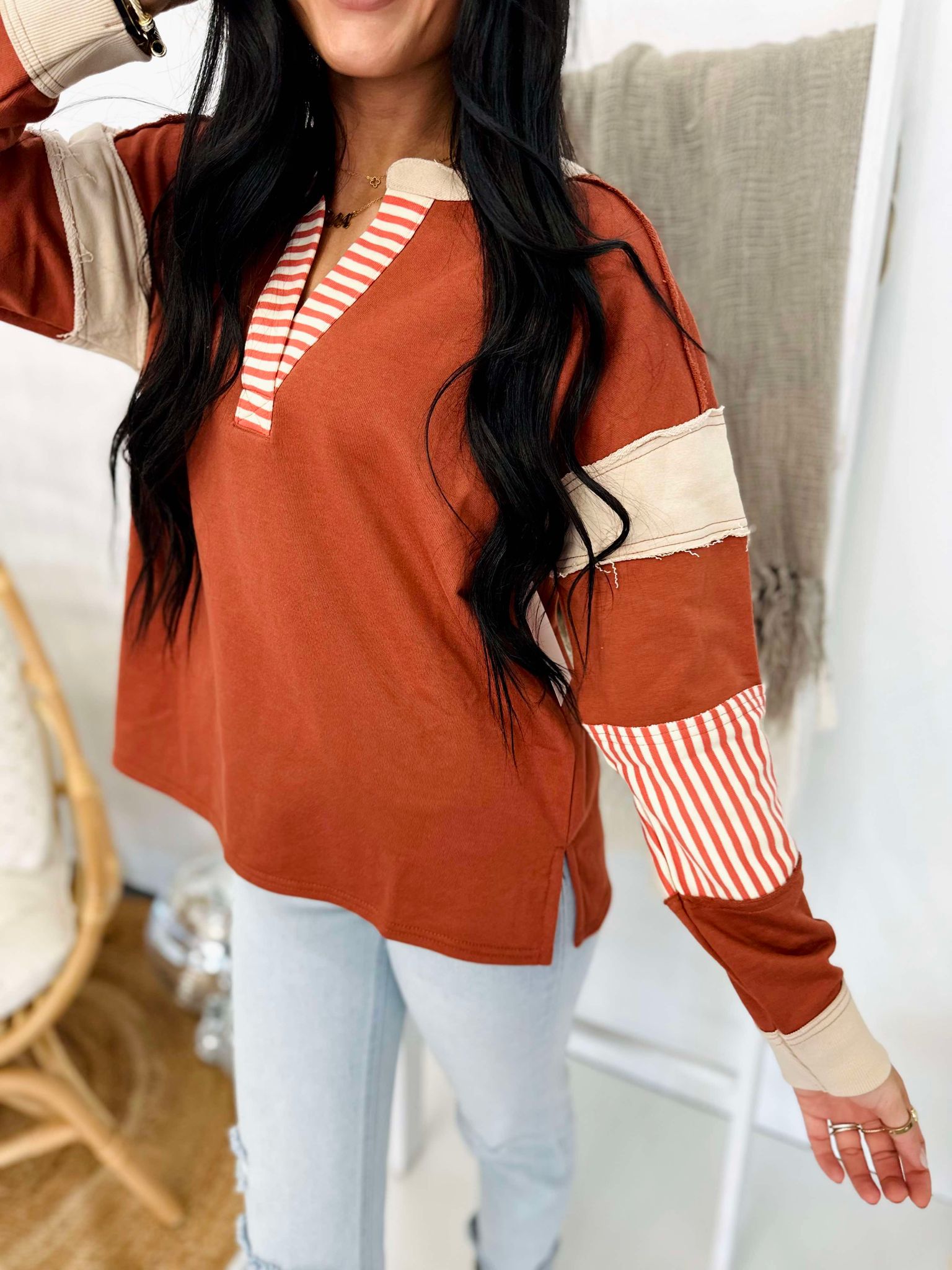 Rust Stripped Collar Pullover