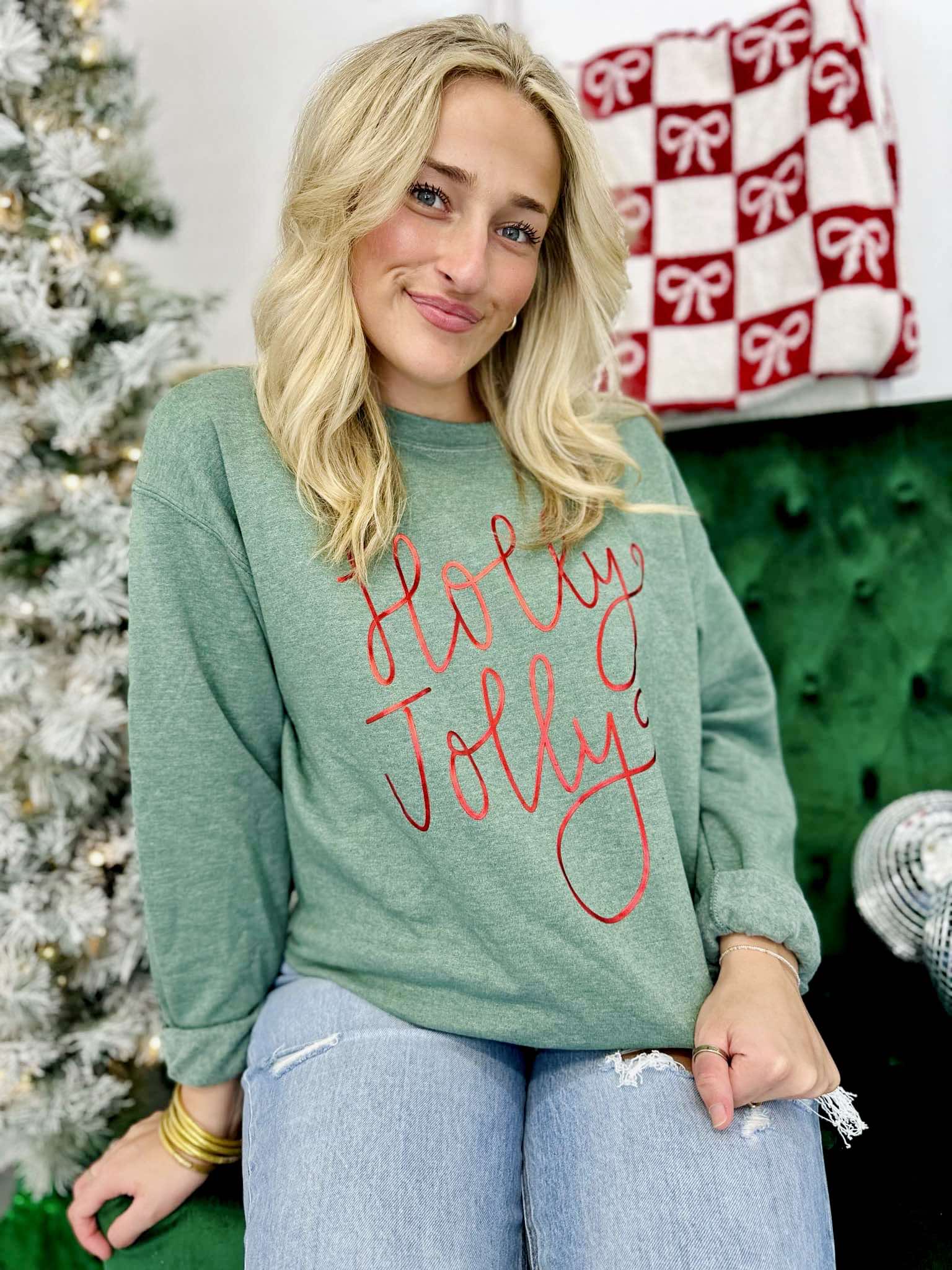 Holly Jolly Metallic Puff Heather Forrest Sweatshirt