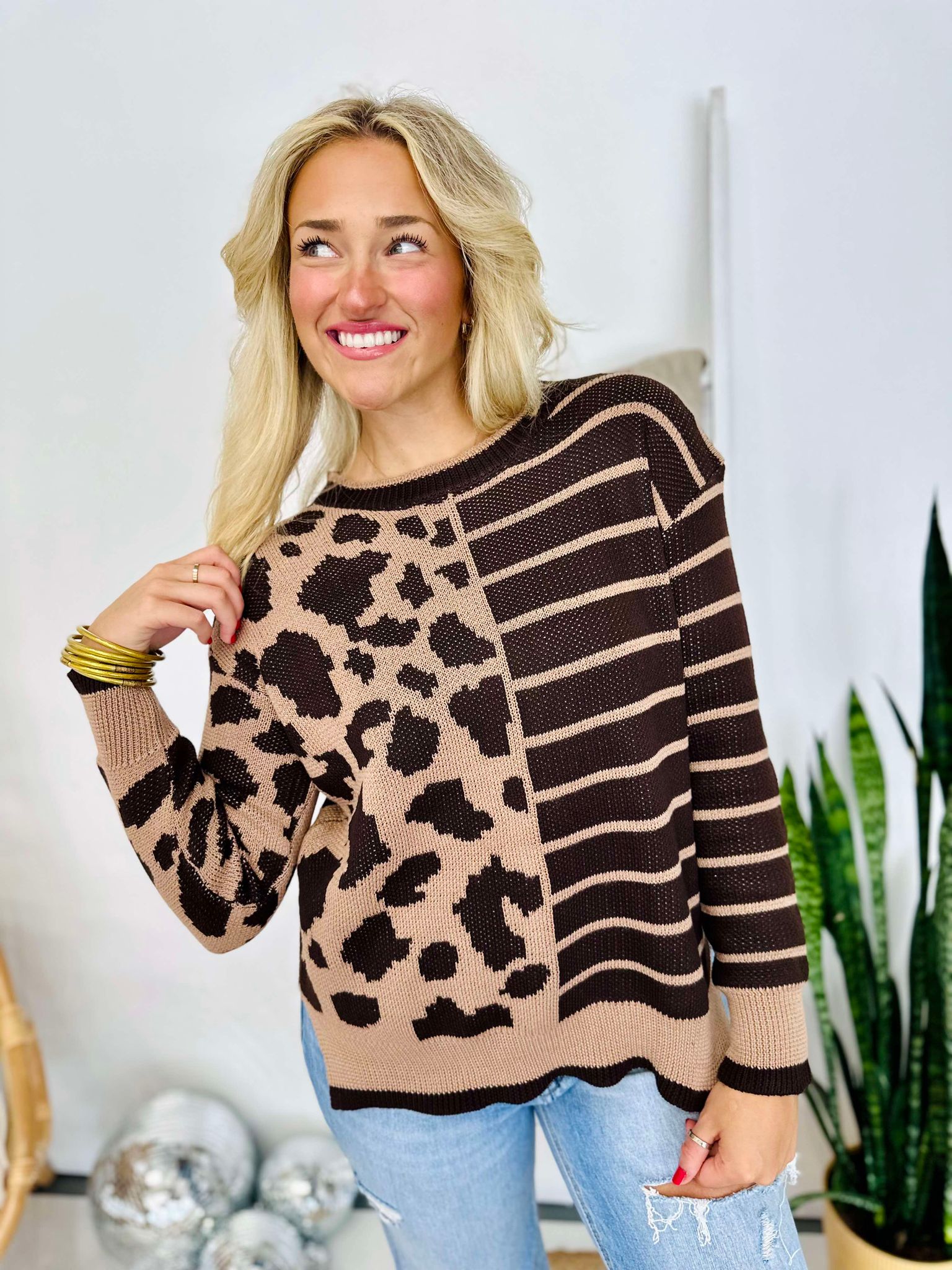 Leopard Colorblock Crew Neck Pullover Sweater