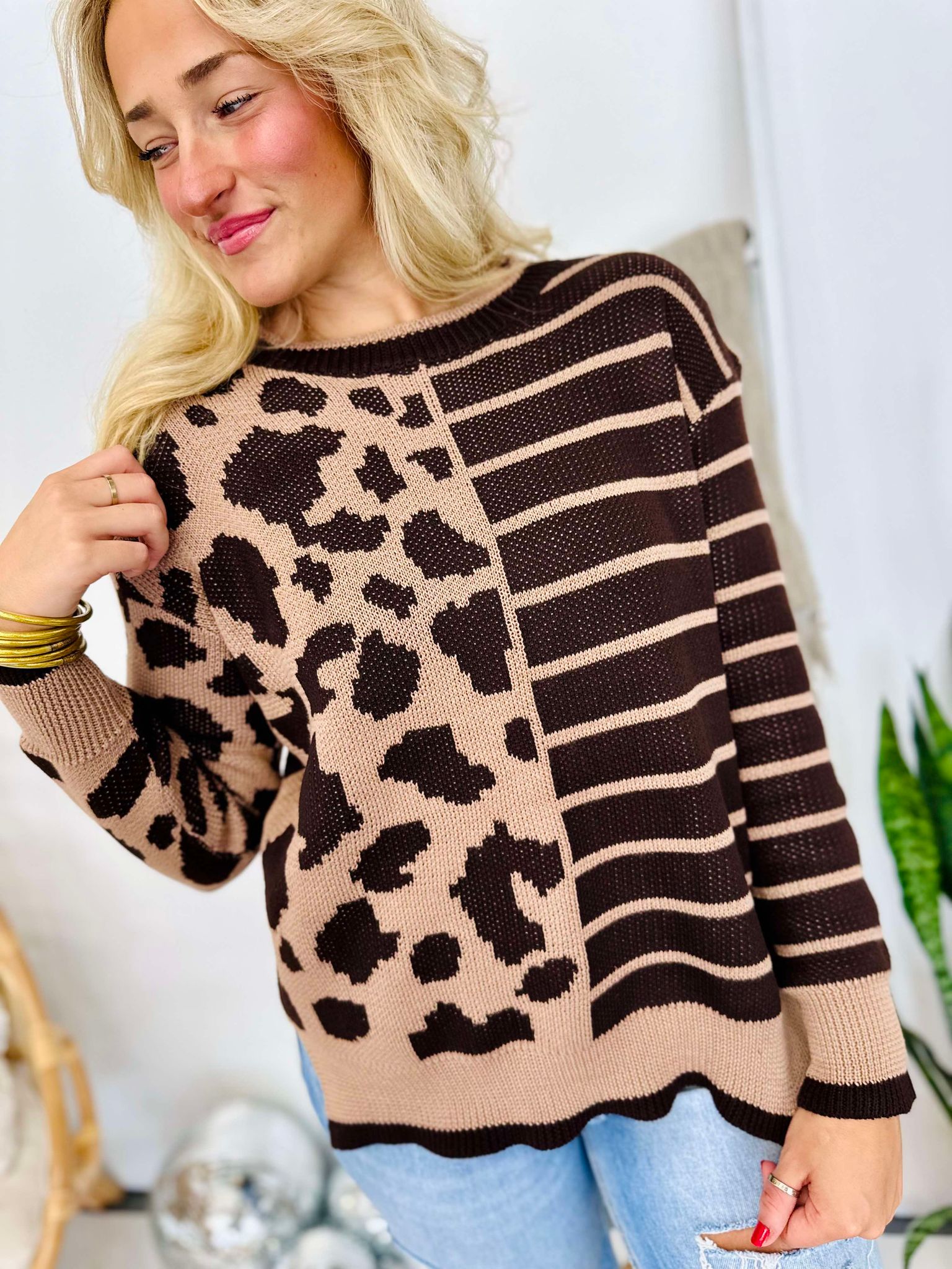 Leopard Colorblock Crew Neck Pullover Sweater