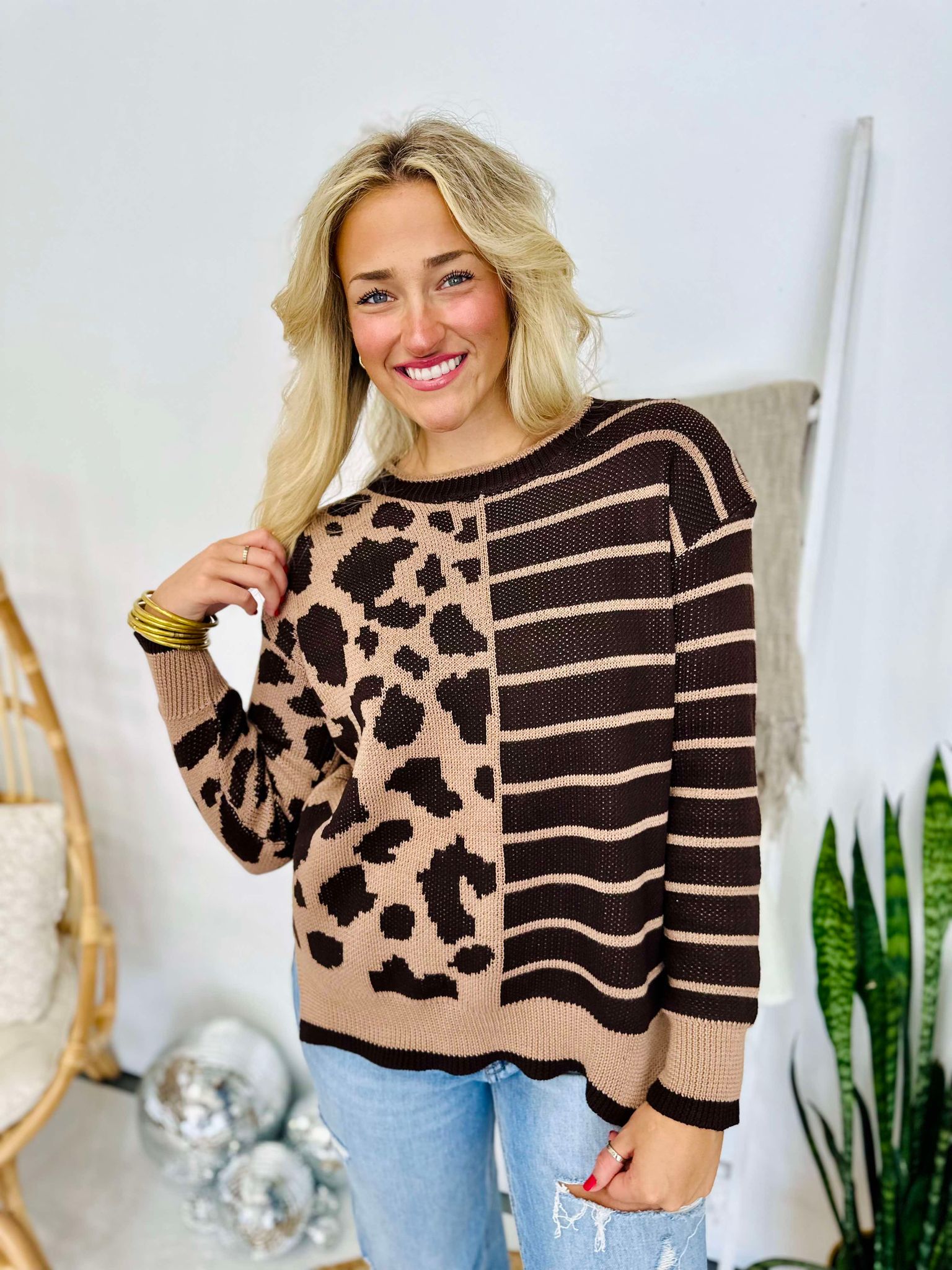 Leopard Colorblock Crew Neck Pullover Sweater