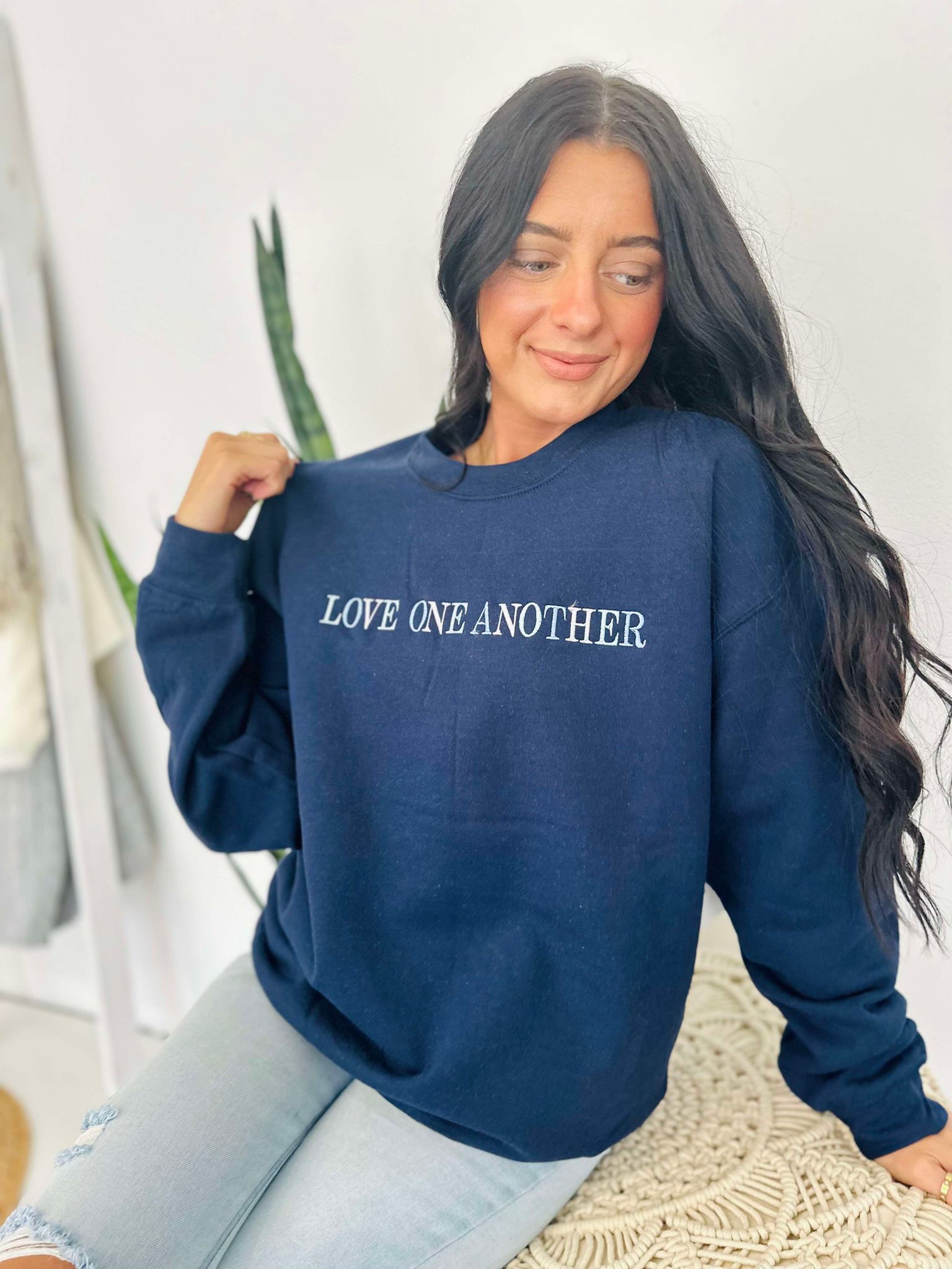 Love One Another Embroidered Navy Sweatshirt