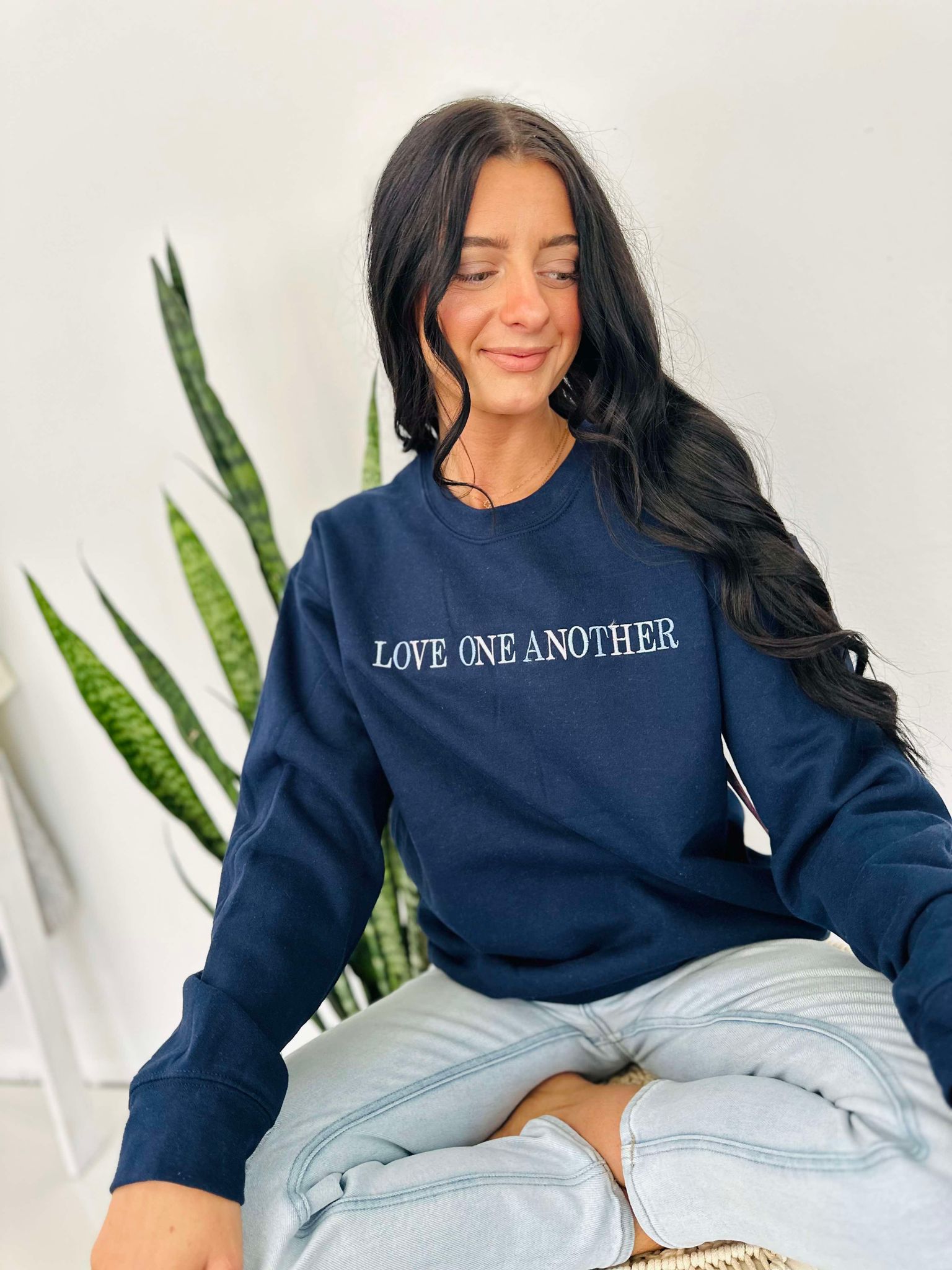 Love One Another Embroidered Navy Sweatshirt