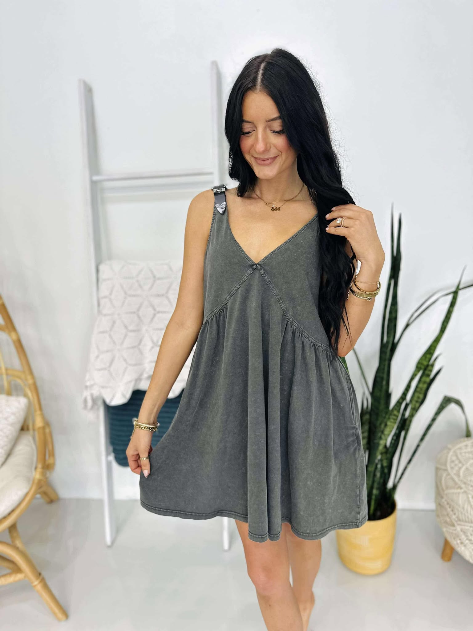 Plunge V Neck Buckle Babydoll Dress