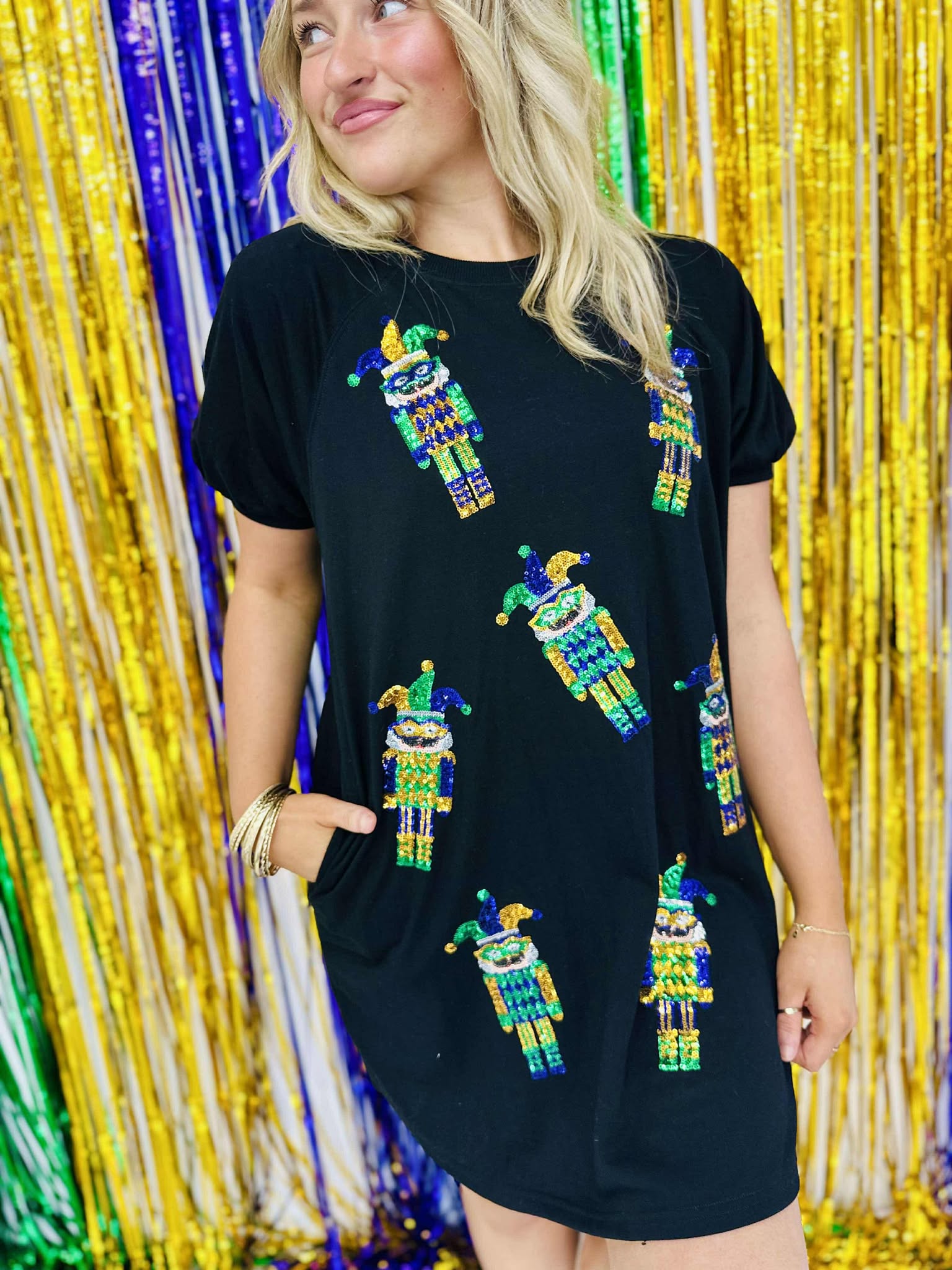 Mardi Gras Sequin Puff Sleeve Dress