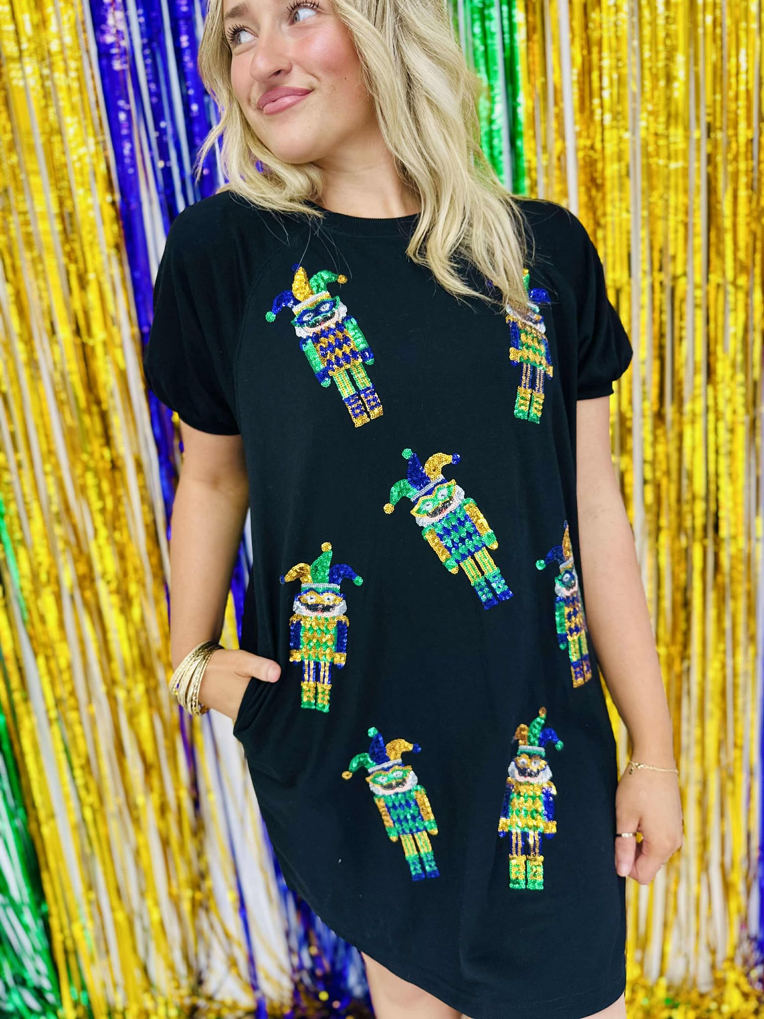 Mardi Gras Sequin Puff Sleeve Dress