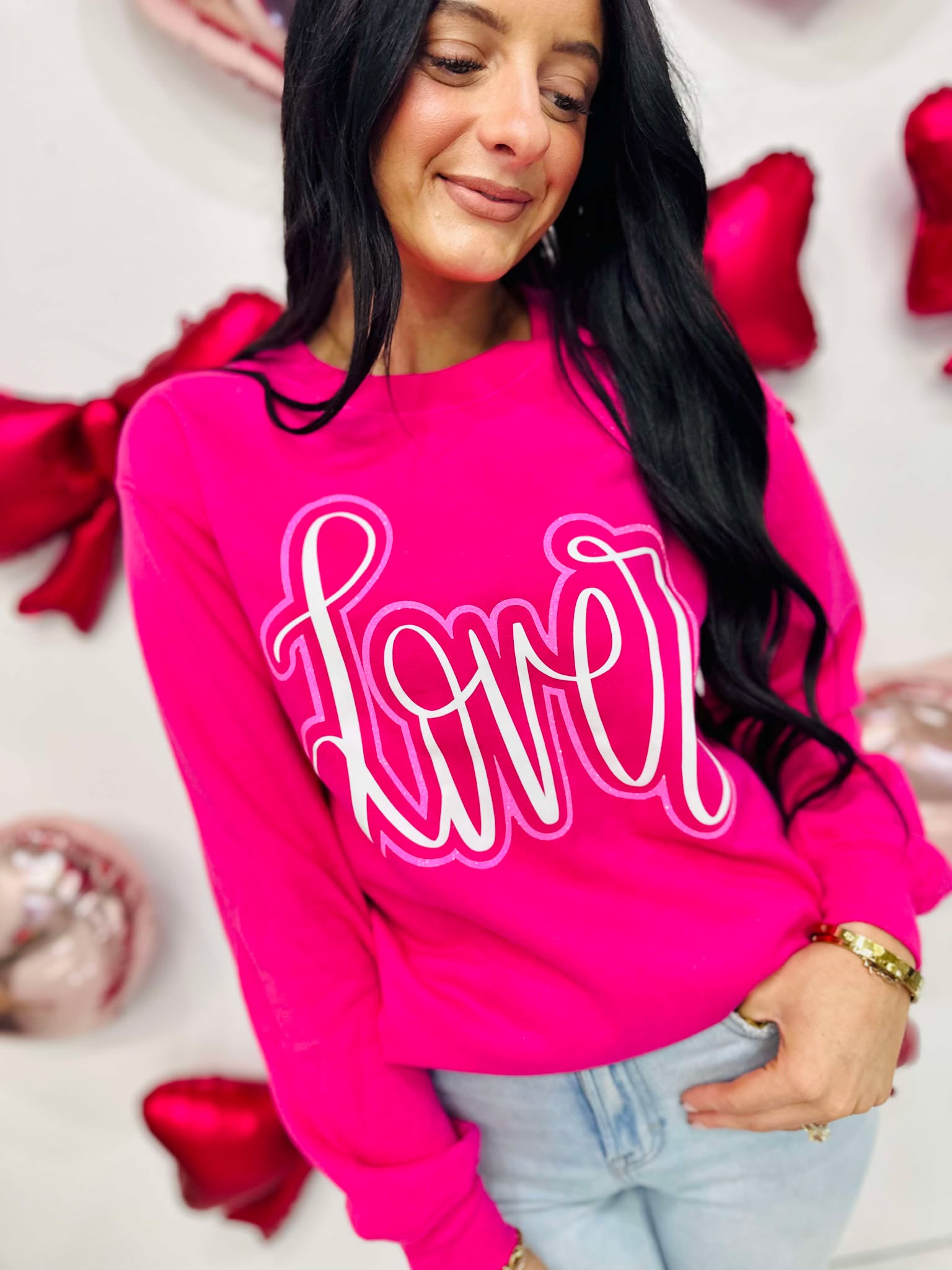 Lover Glitter Puff Hot Pink Sweatshirt