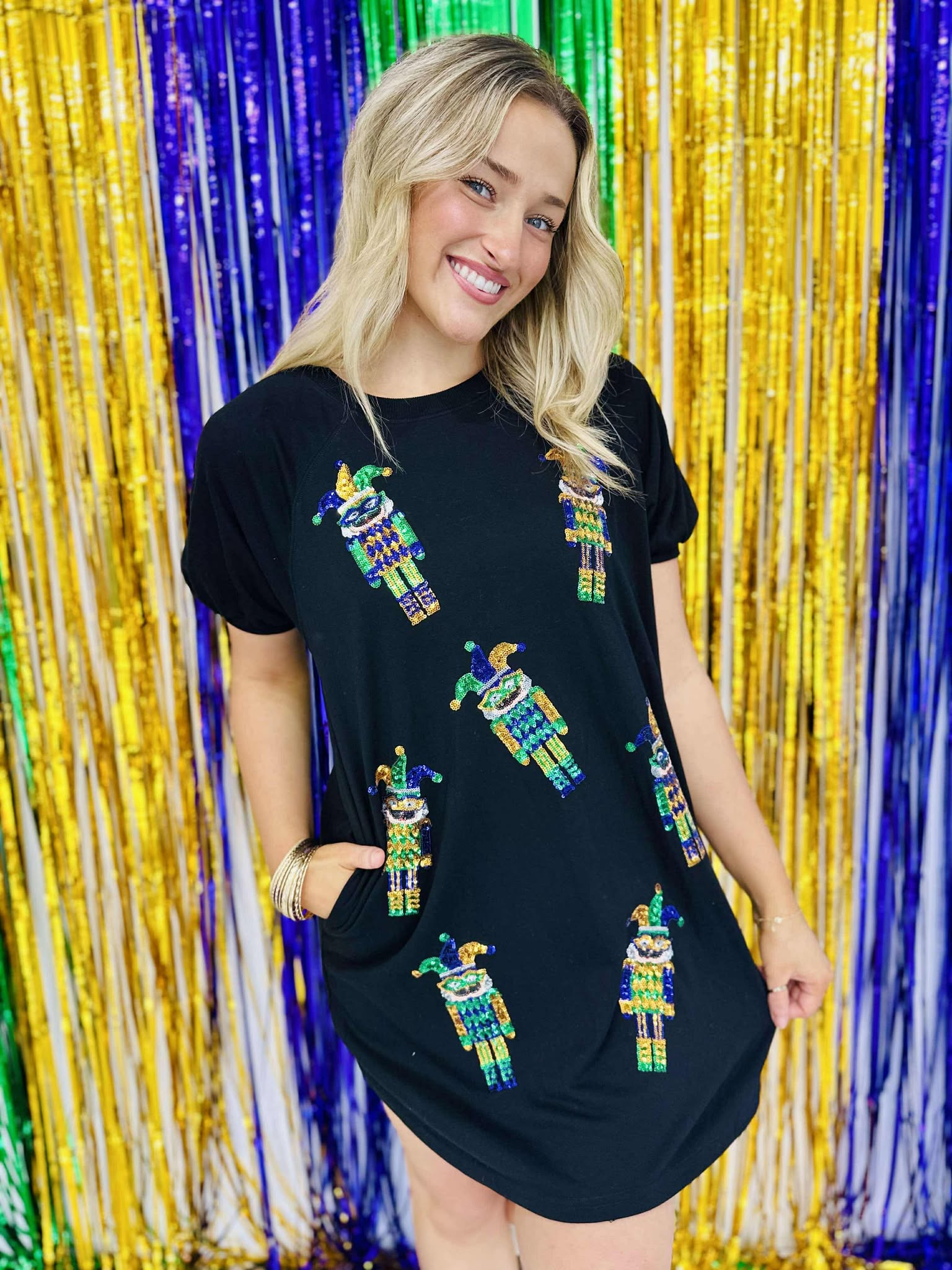 Mardi Gras Sequin Puff Sleeve Dress