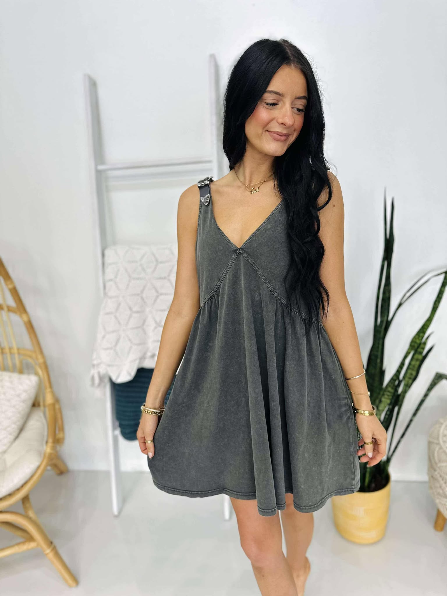 Plunge V Neck Buckle Babydoll Dress