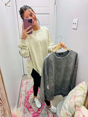 Washed Crewneck Long Sleeve Knit Top