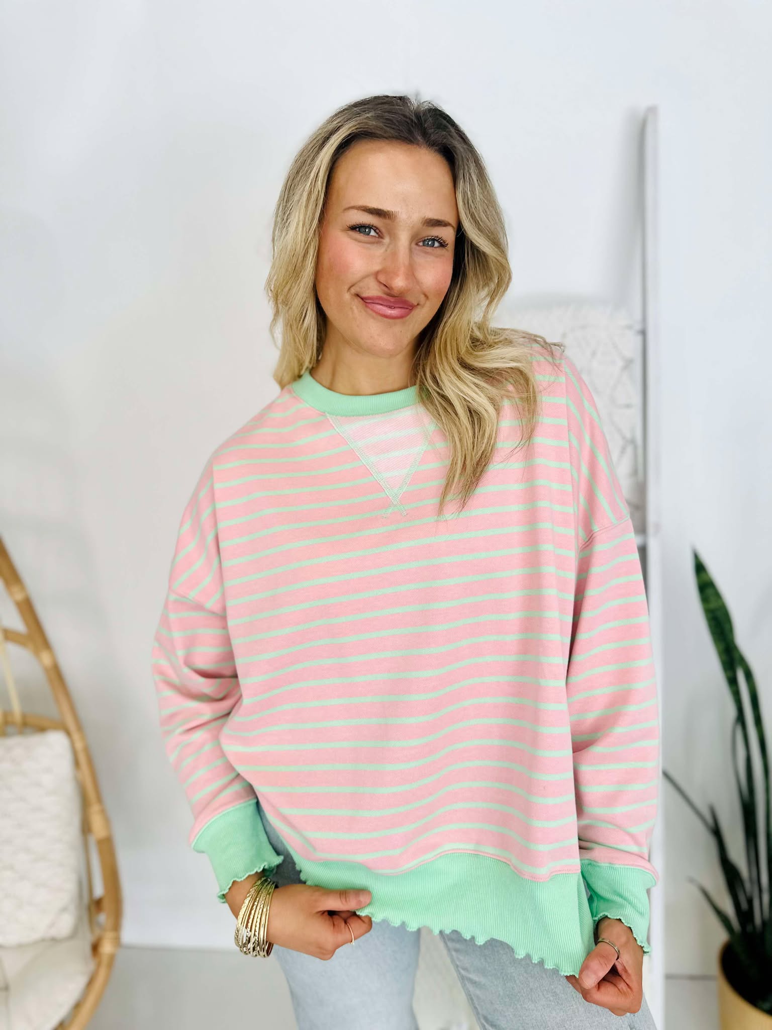 Green & Pink Stripe Terry Top