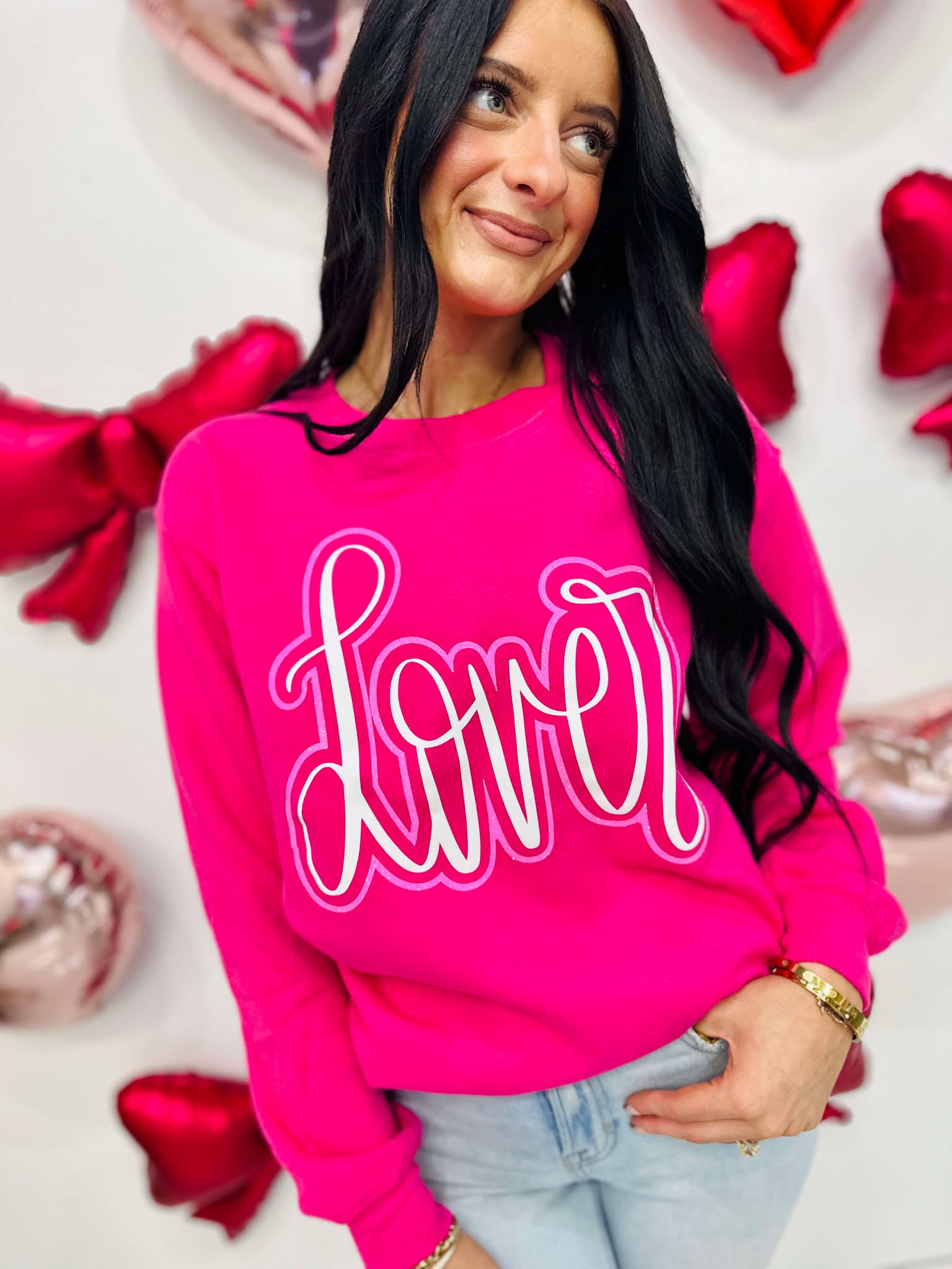 Lover Glitter Puff Hot Pink Sweatshirt