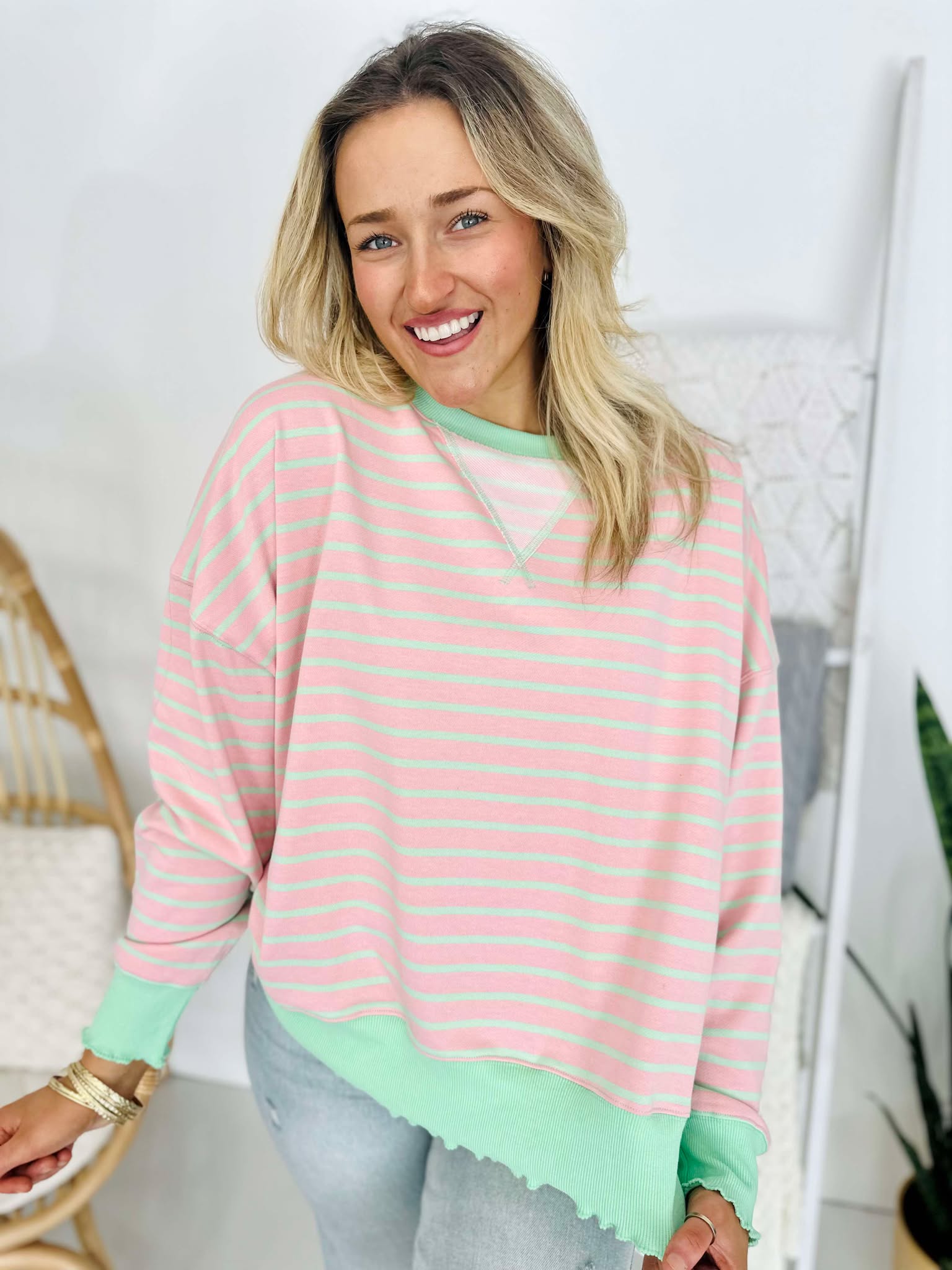 Green & Pink Stripe Terry Top