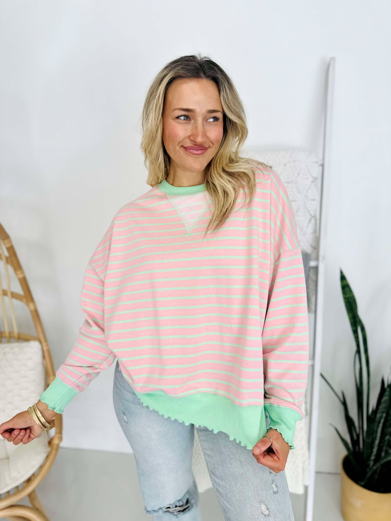 Green & Pink Stripe Terry Top