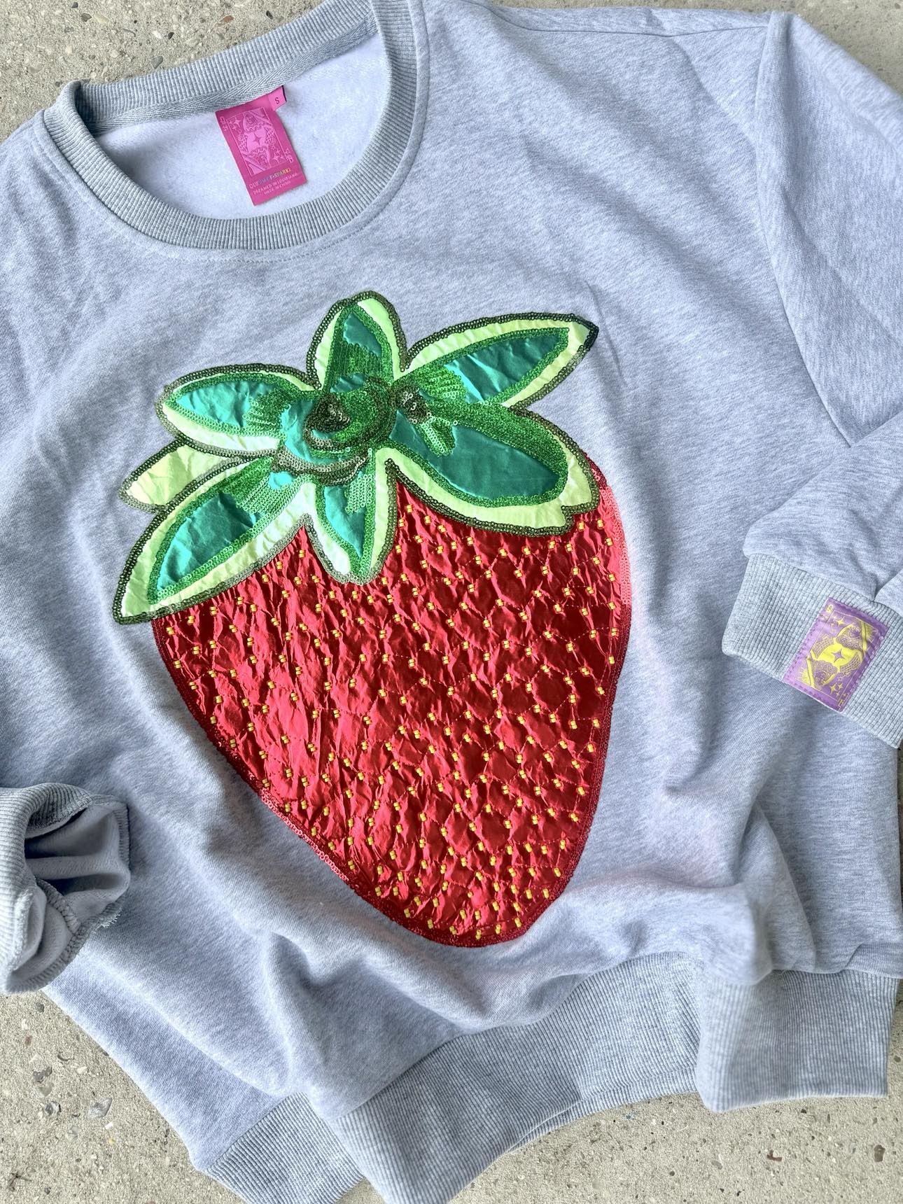 Queen Of Sparkles Grey Metallic Strawberry Sweatshirt