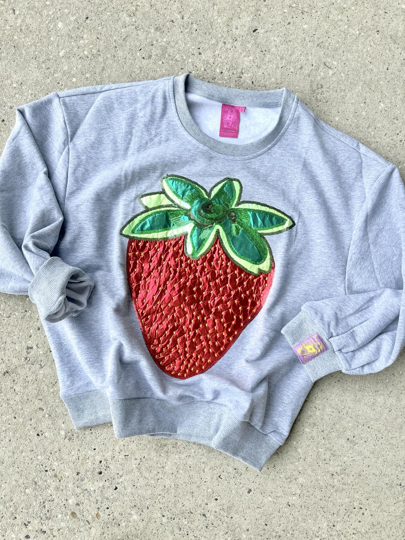 Queen Of Sparkles Grey Metallic Strawberry Sweatshirt