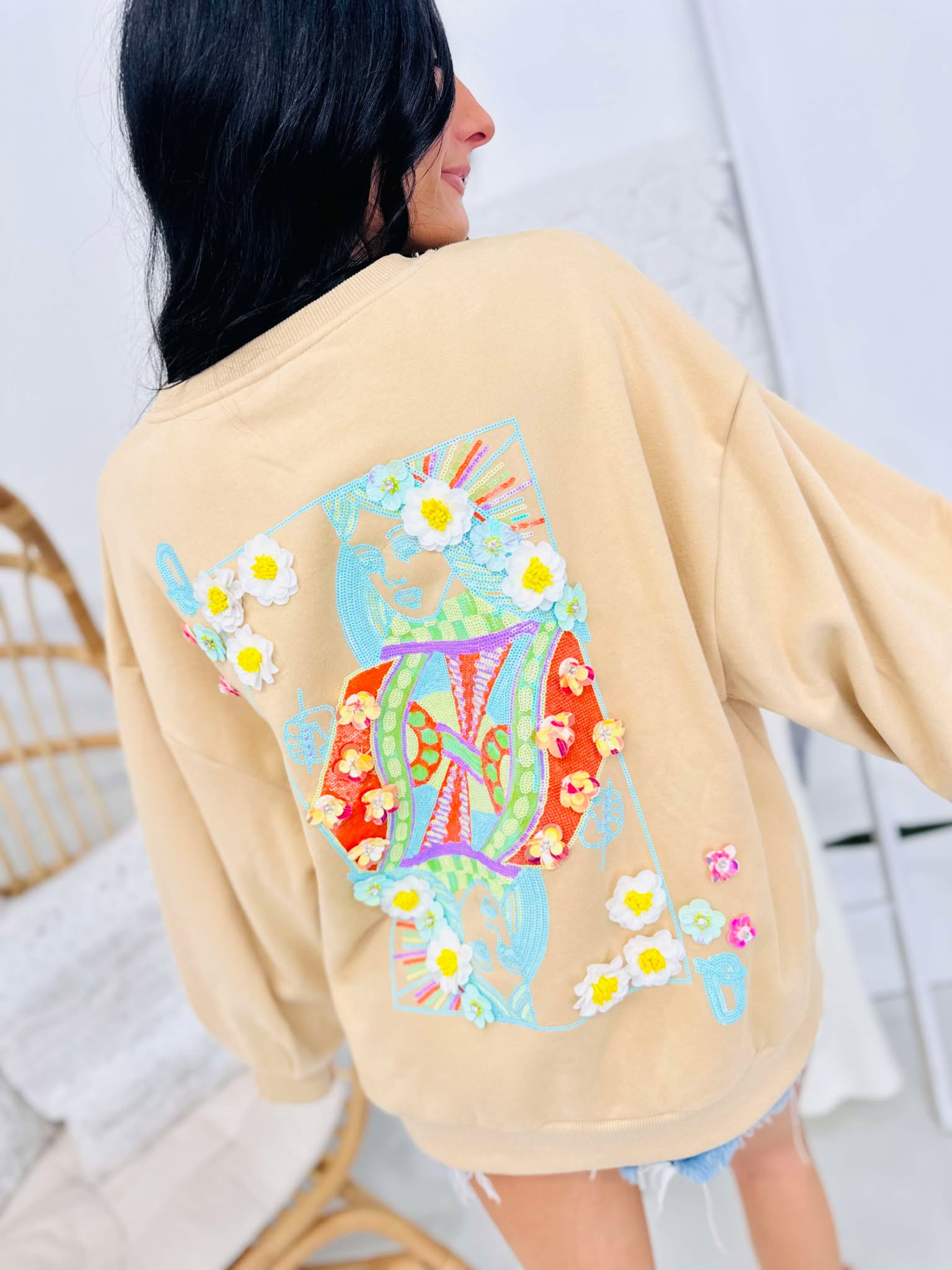 Queen Of Sparkles Tan Flower Tan Card Sweatshirt